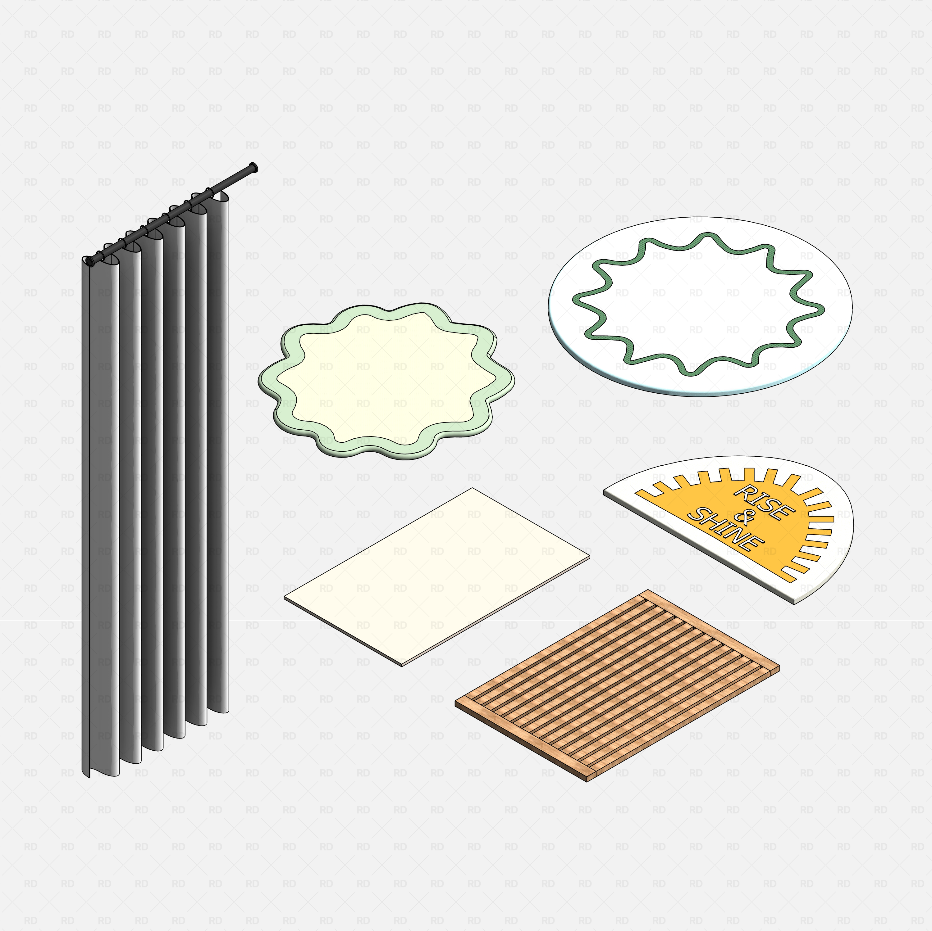 revit bathroom furniture accessories RD Studio BIM blocks RFA – shower curtain with assorted bath mats and rugs