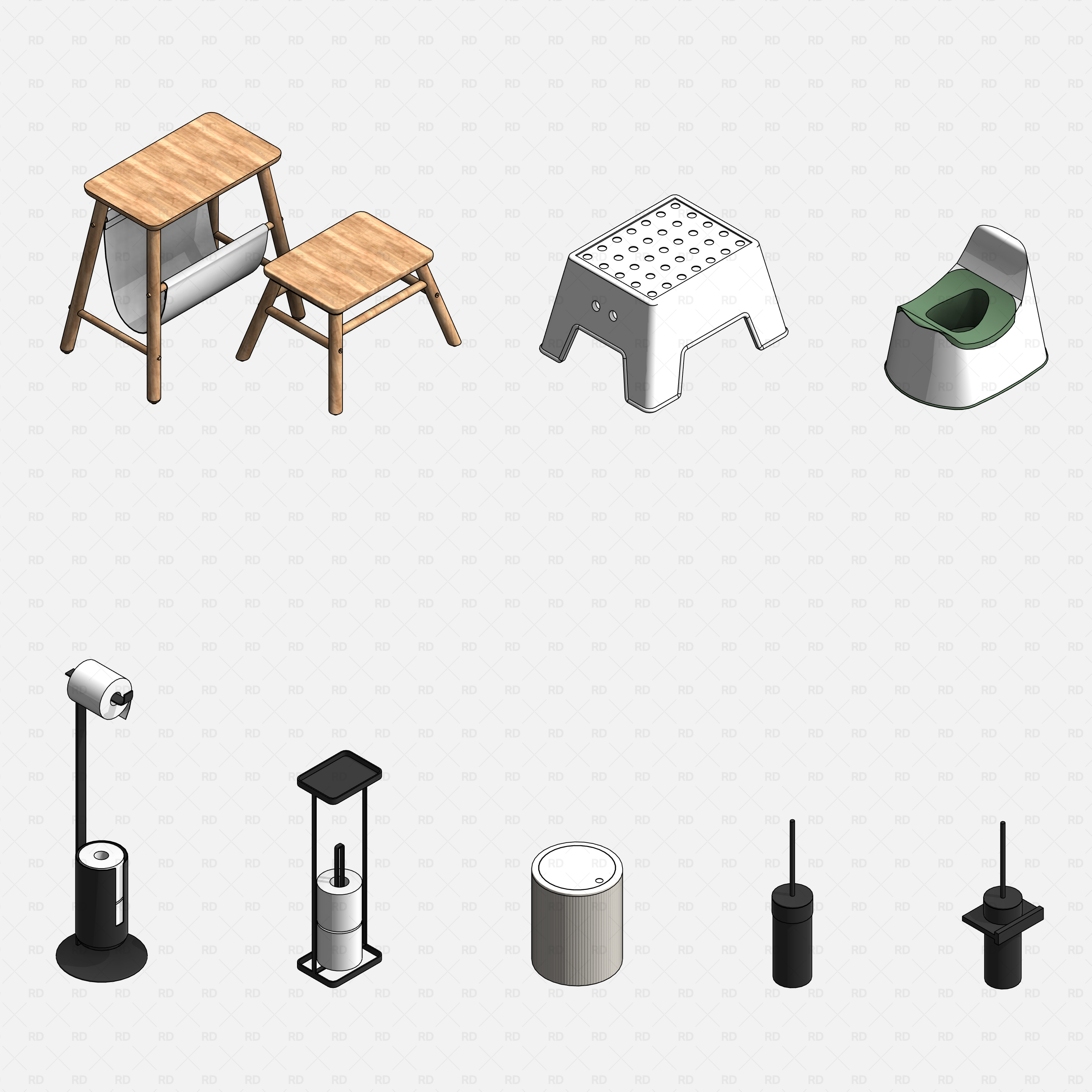 revit bathroom furniture accessories RD Studio BIM blocks RFA – wooden stools, step stool, child potty, toilet brush stands