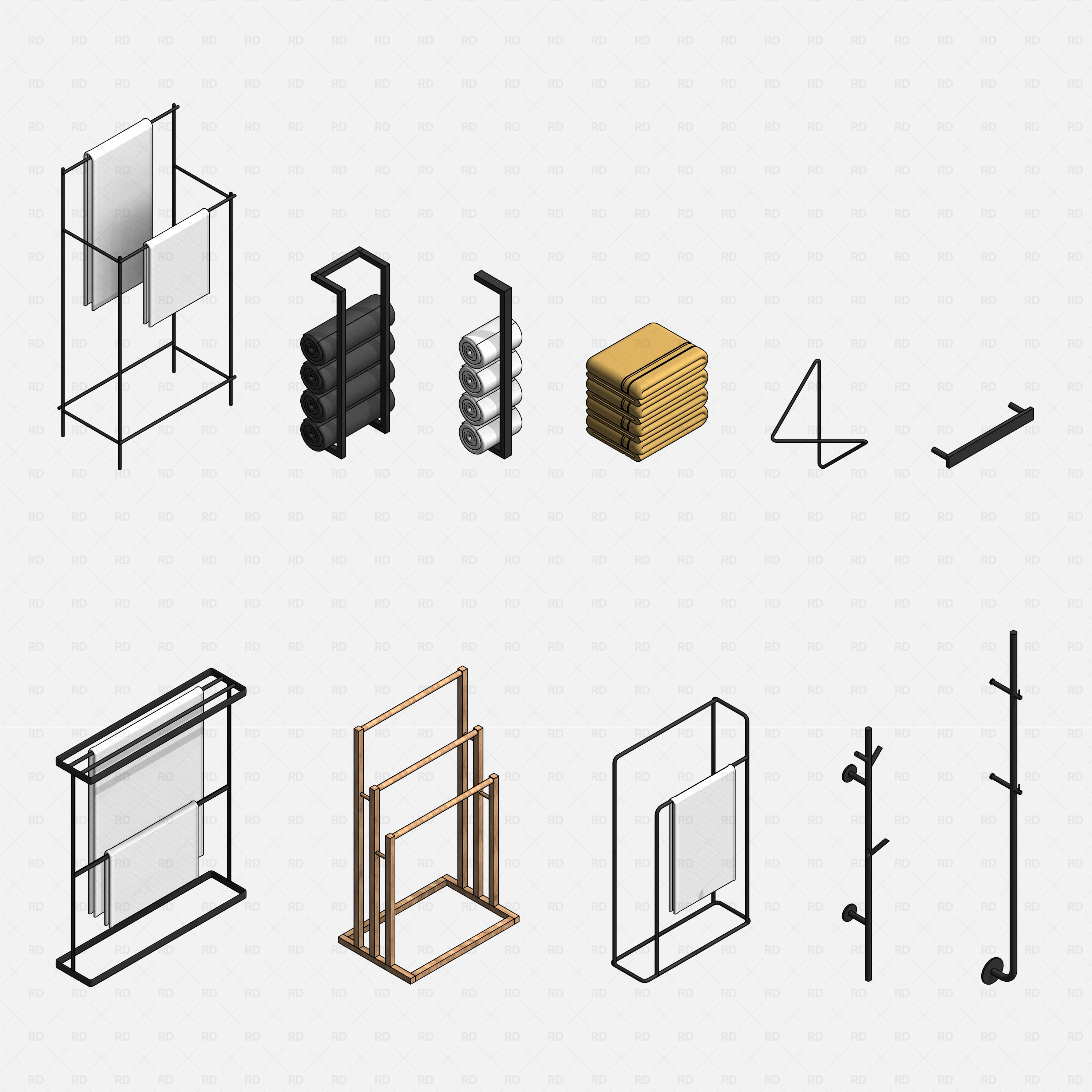 revit bathroom furniture accessories RD Studio BIM blocks RFA – towel racks, rolled towel holders, folded towels, hooks