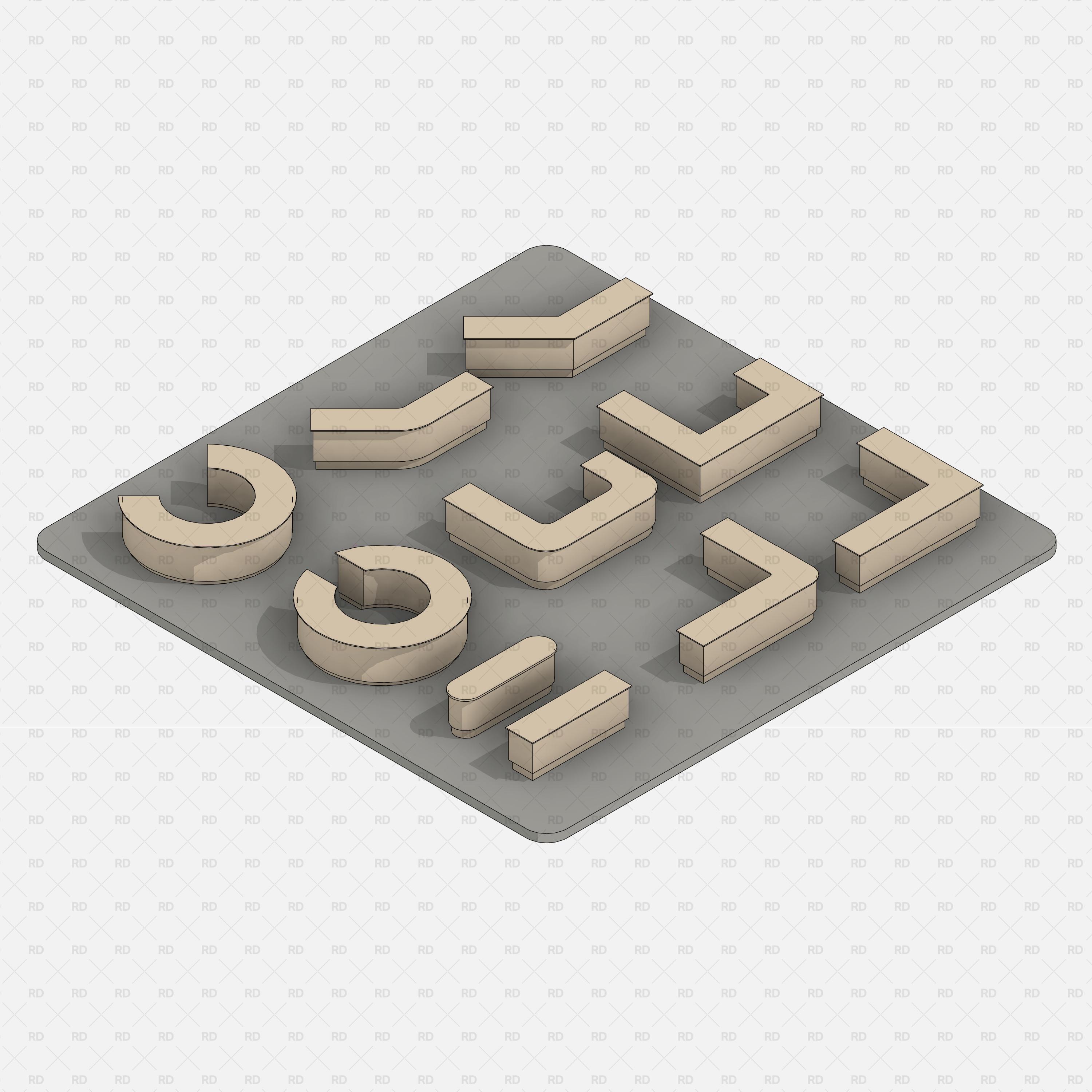 Revit Commercial Countertops RD Studio BIM Blocks RFA — Isometric Collection Of 10 Modular Counter Shapes On Dark Board