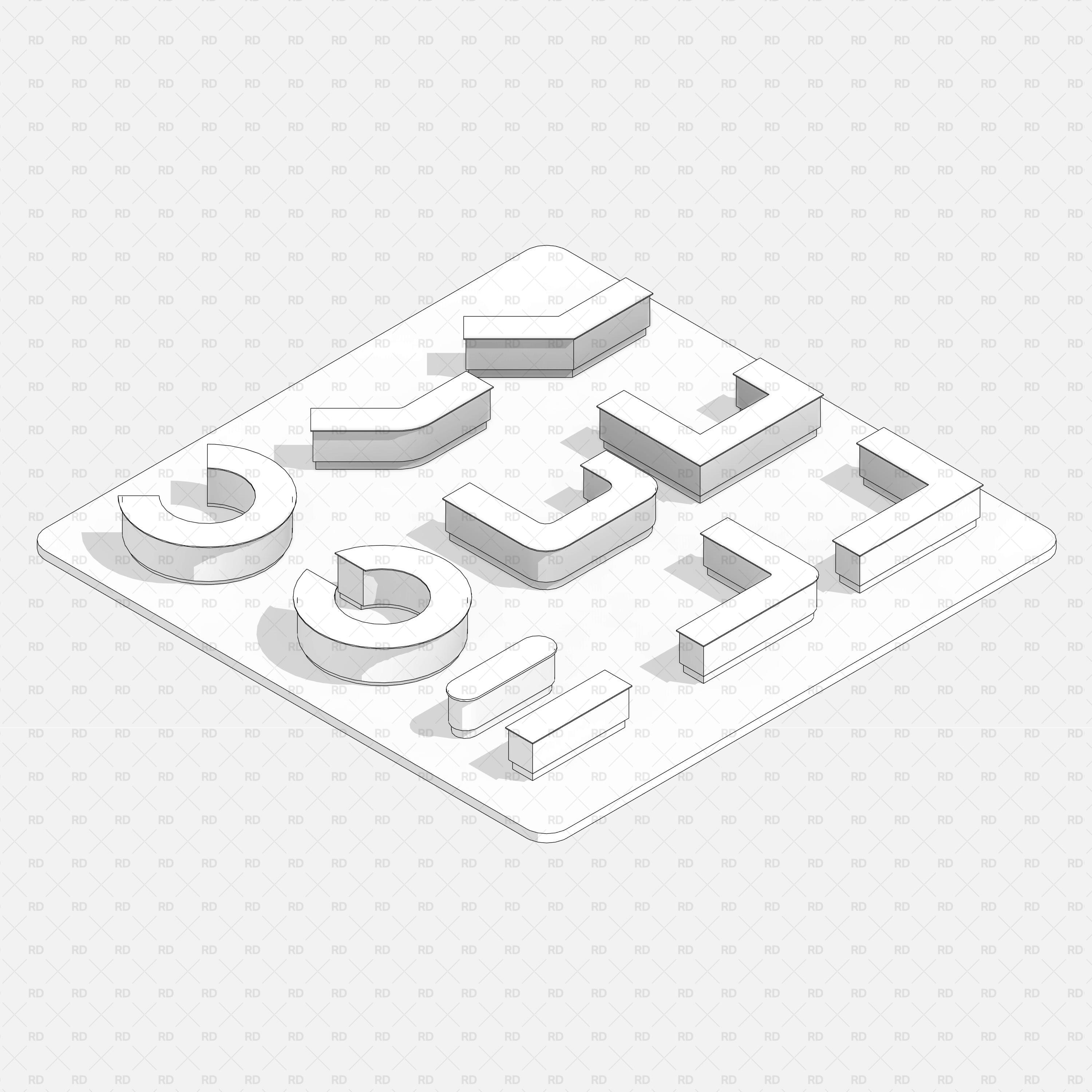 Revit Commercial Countertops RD Studio BIM Blocks RFA — Hidden-Line Isometric Board Showing All Countertop Form Variations