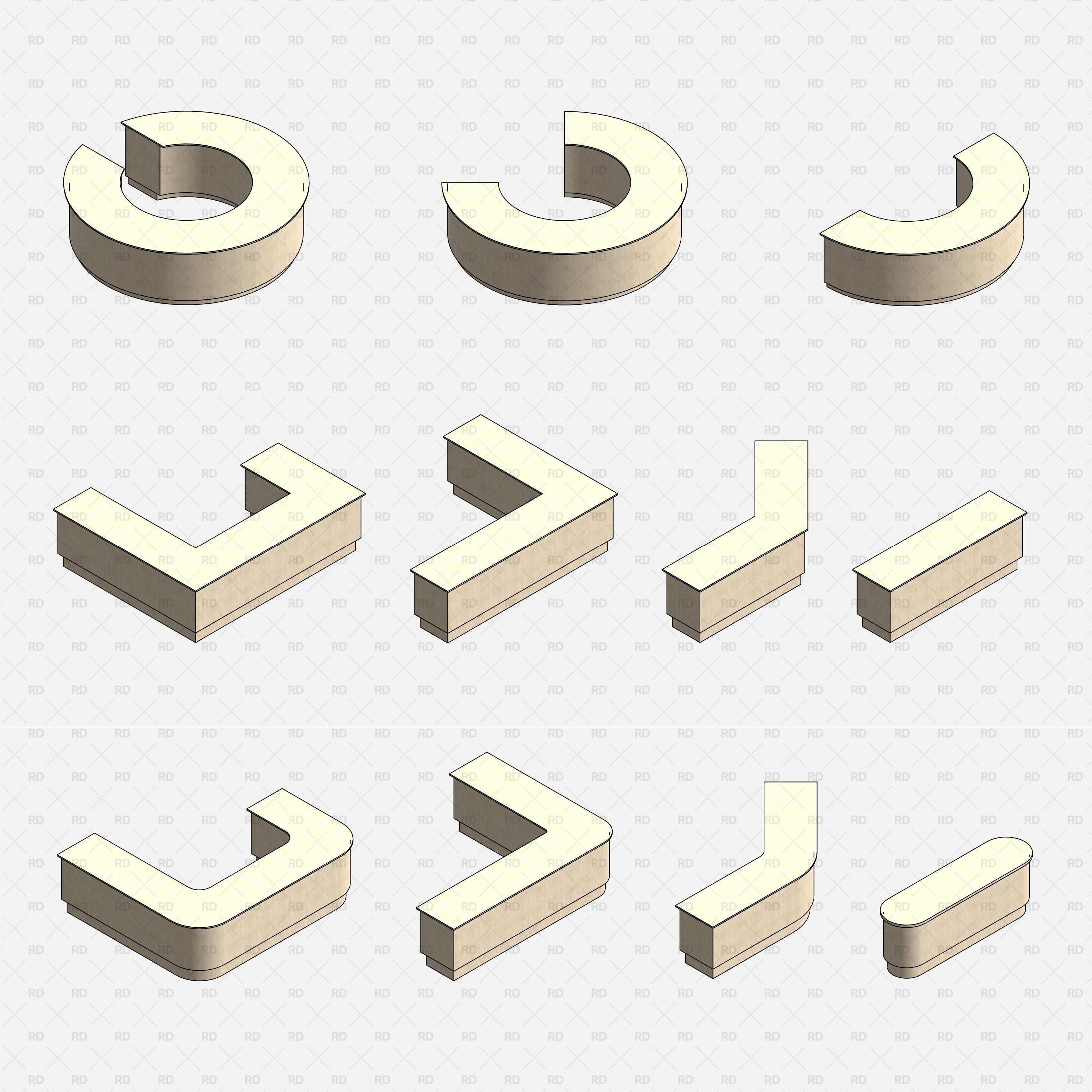 Revit Commercial Countertops RD Studio BIM Blocks RFA — Grid Of Individual L, U, Circular, And Angled Counter Modules