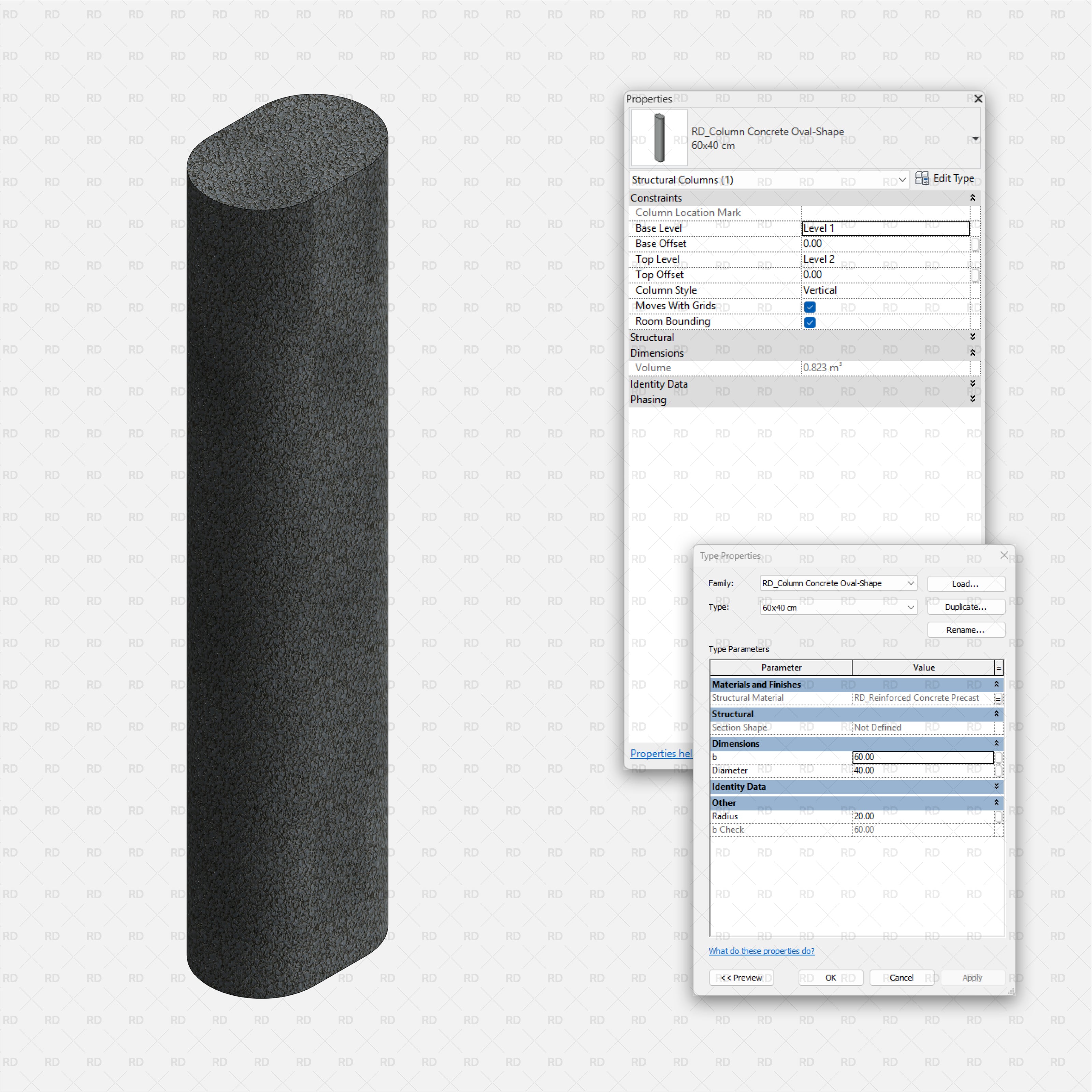 Revit Structural Concrete Columns bim object families blocks 3d model download oval shape section