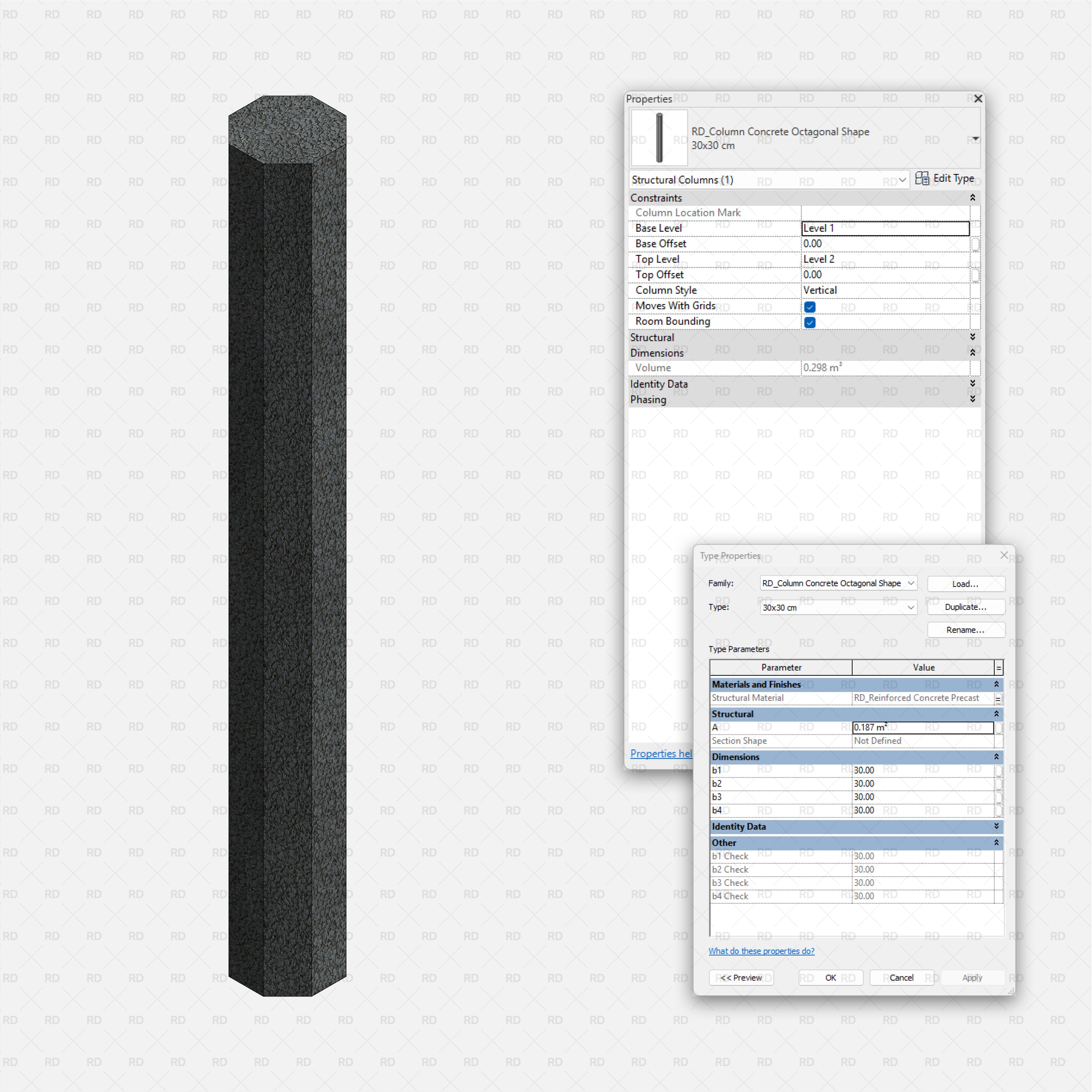 Revit Structural Concrete Columns bim object families blocks 3d model download octagonal shape profile