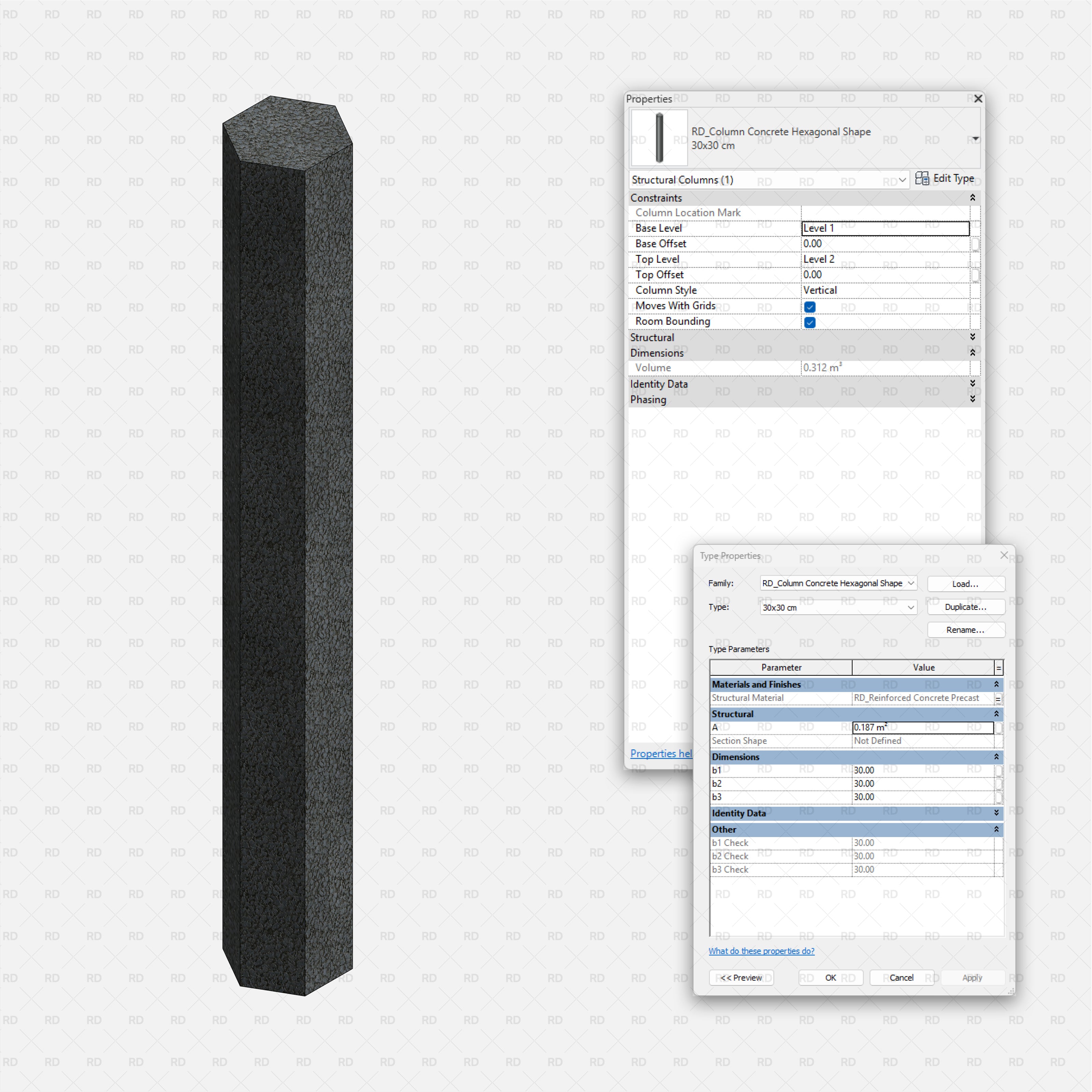 Revit Structural Concrete Columns bim object families blocks 3d model download hexagonal shape