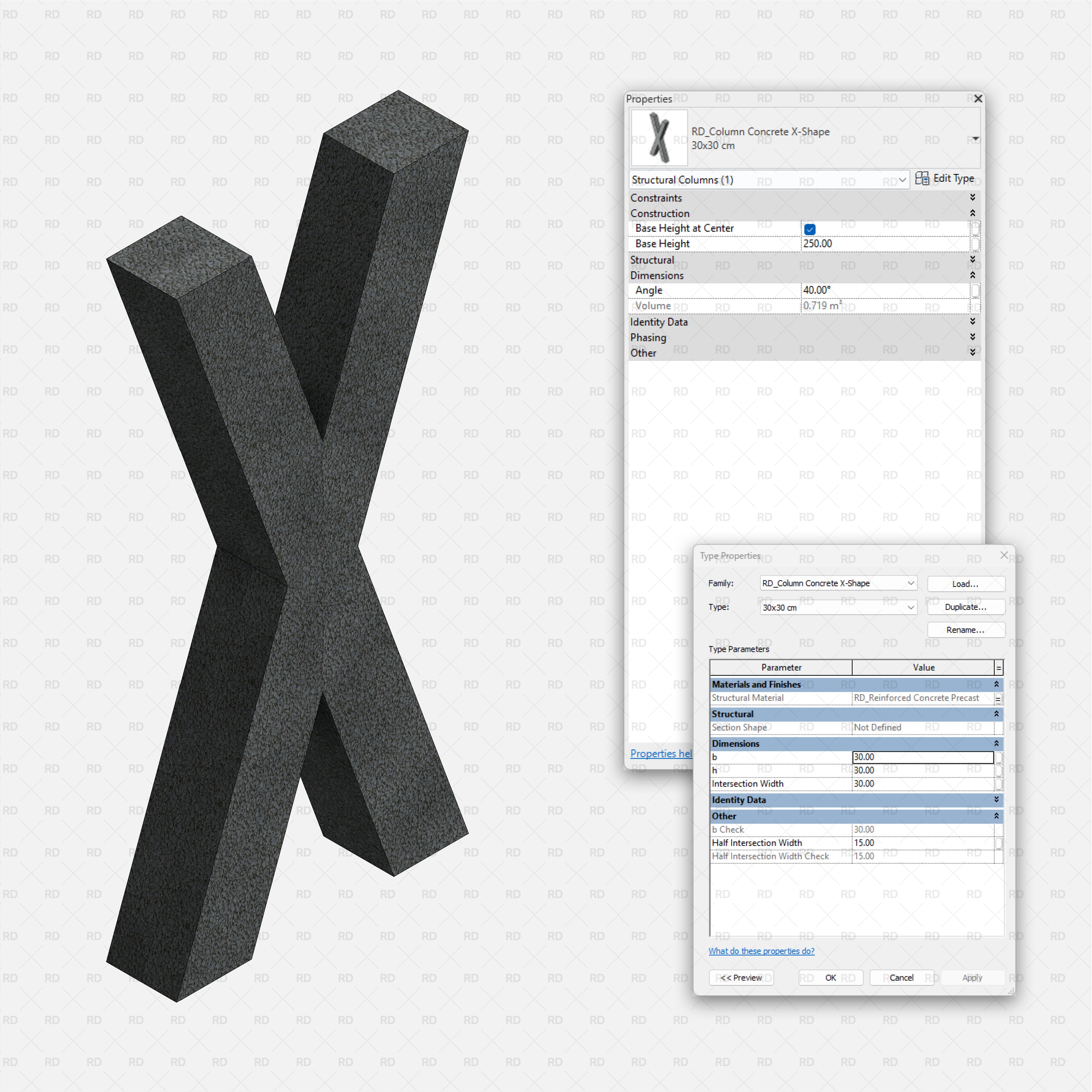 Revit Structural Concrete Columns bim object families blocks 3d model download X shape