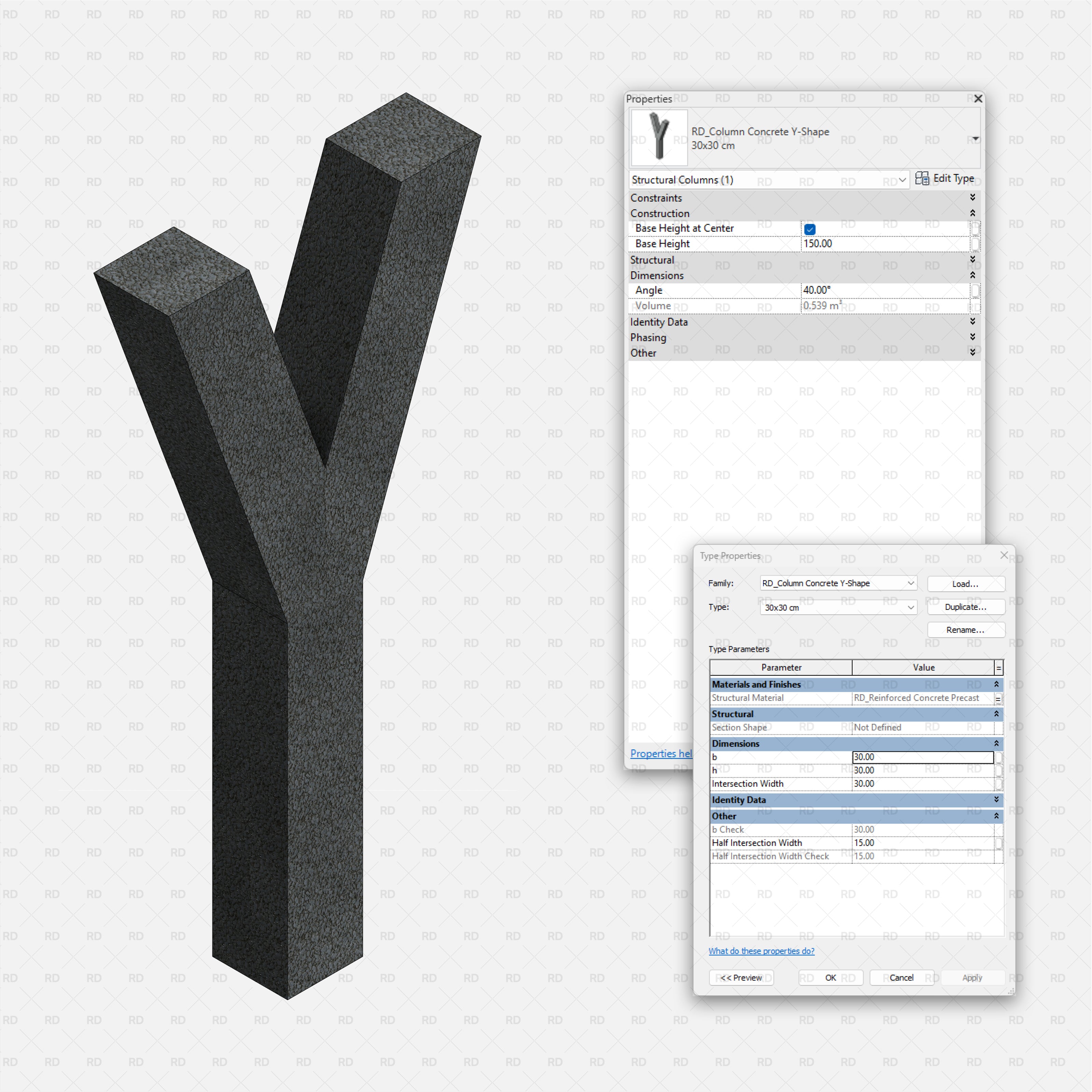 Revit Structural Concrete Columns bim object families blocks 3d model download Y shape