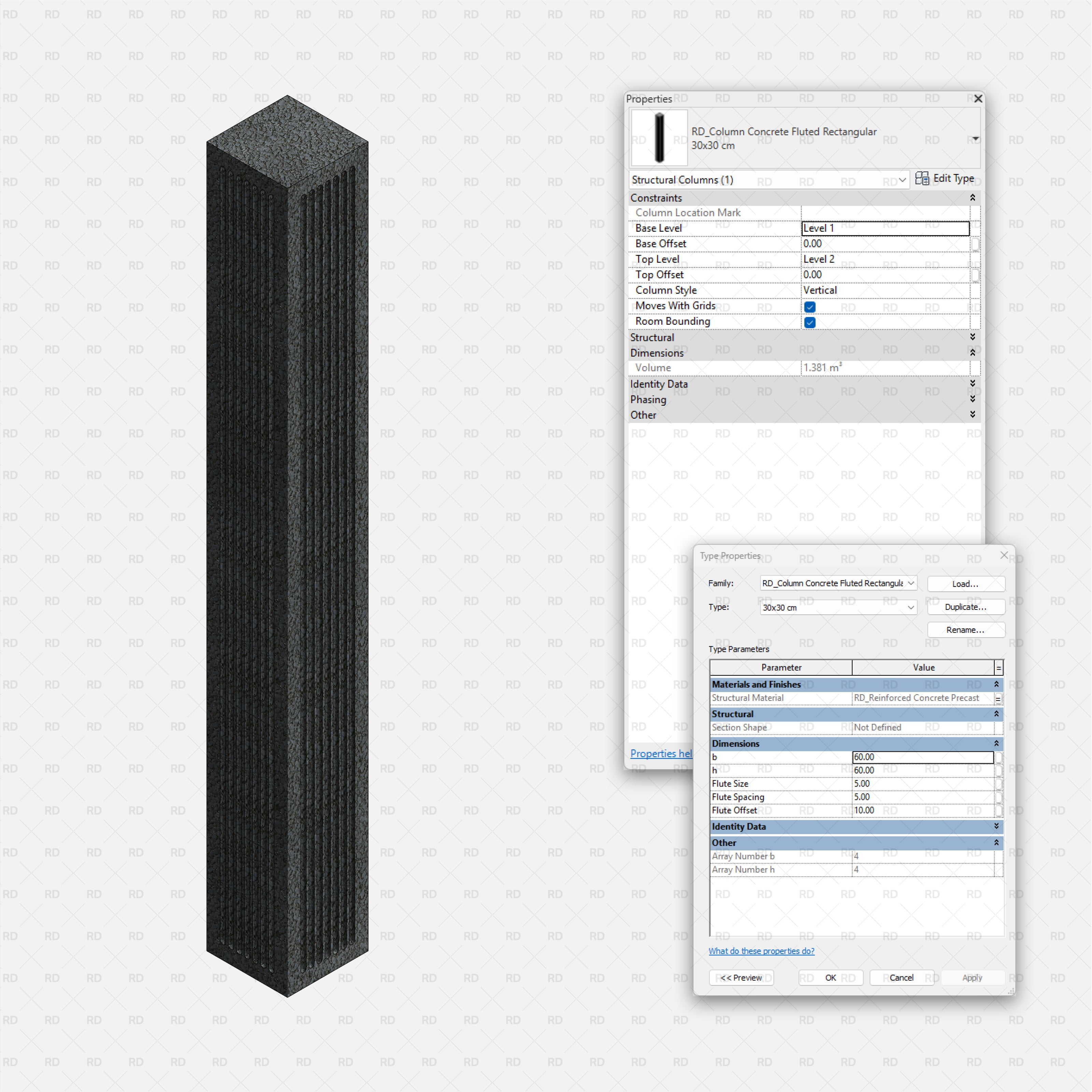 Revit Structural Concrete Columns bim object families blocks 3d model download fluted rectangular