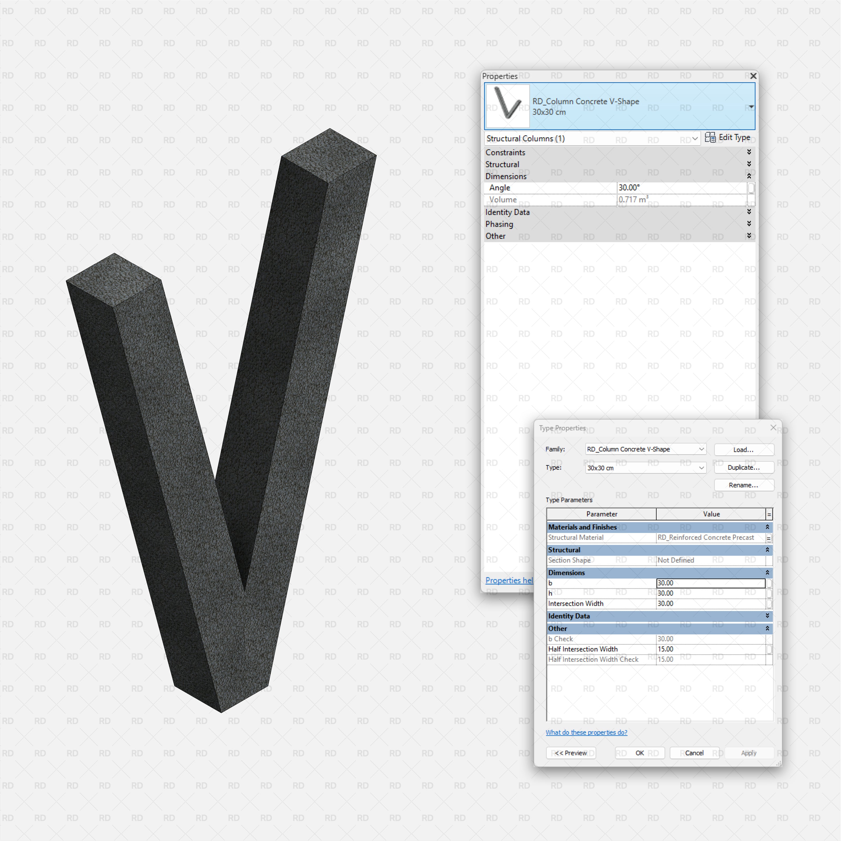 Revit Structural Concrete Columns bim object families blocks 3d model download v shape