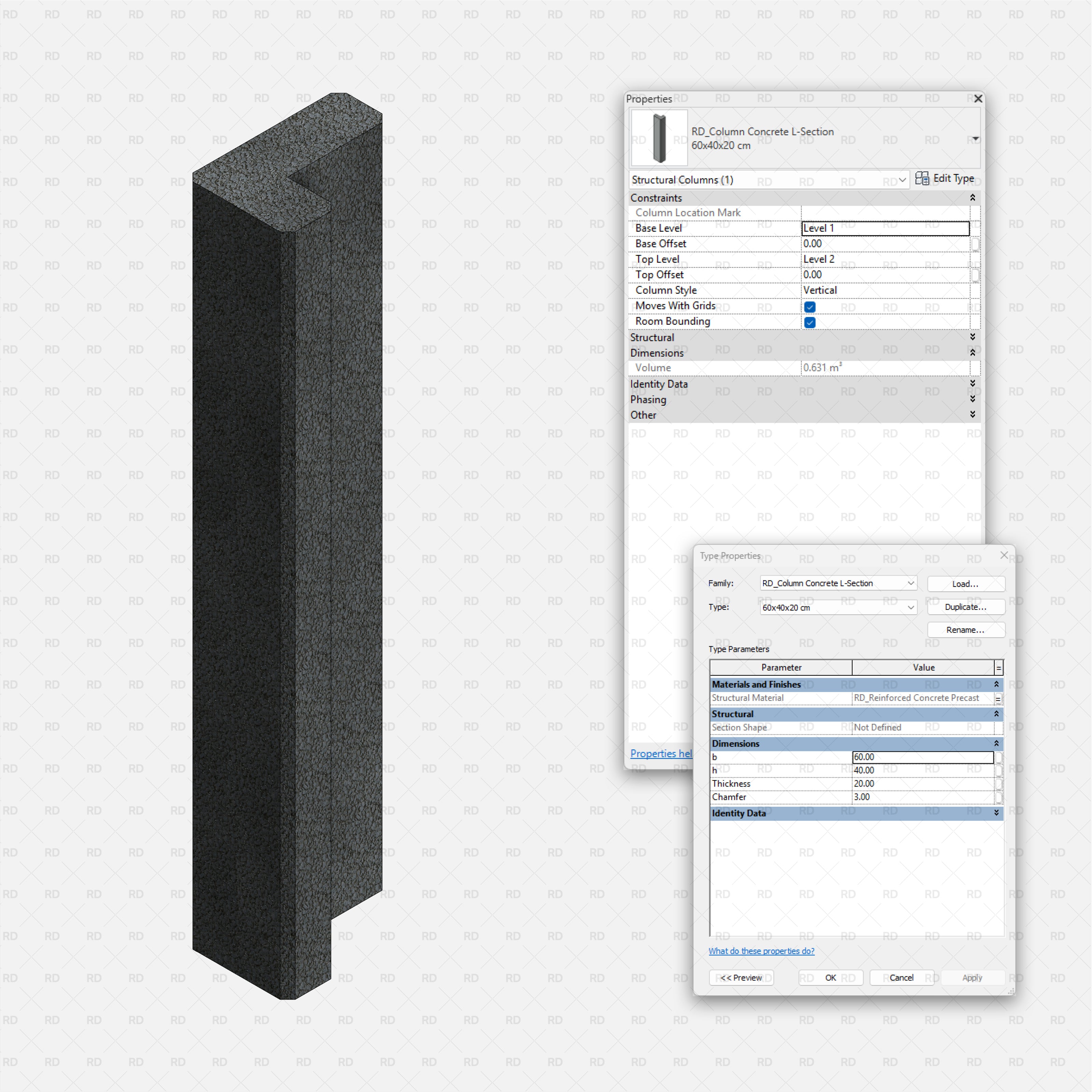 Revit Structural Concrete Columns bim object families blocks 3d model download L section