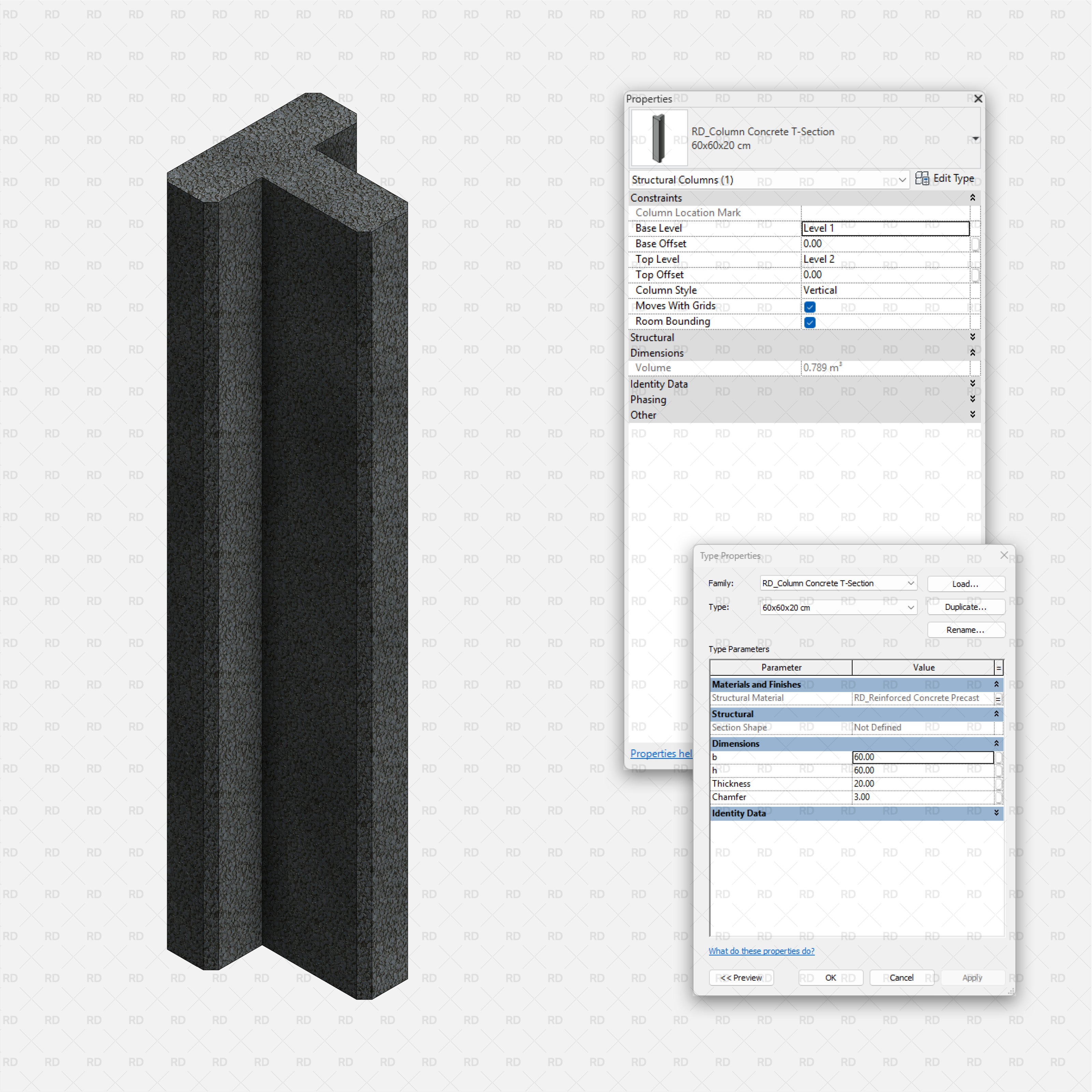 Revit Structural Concrete Columns bim object families blocks 3d model download T section
