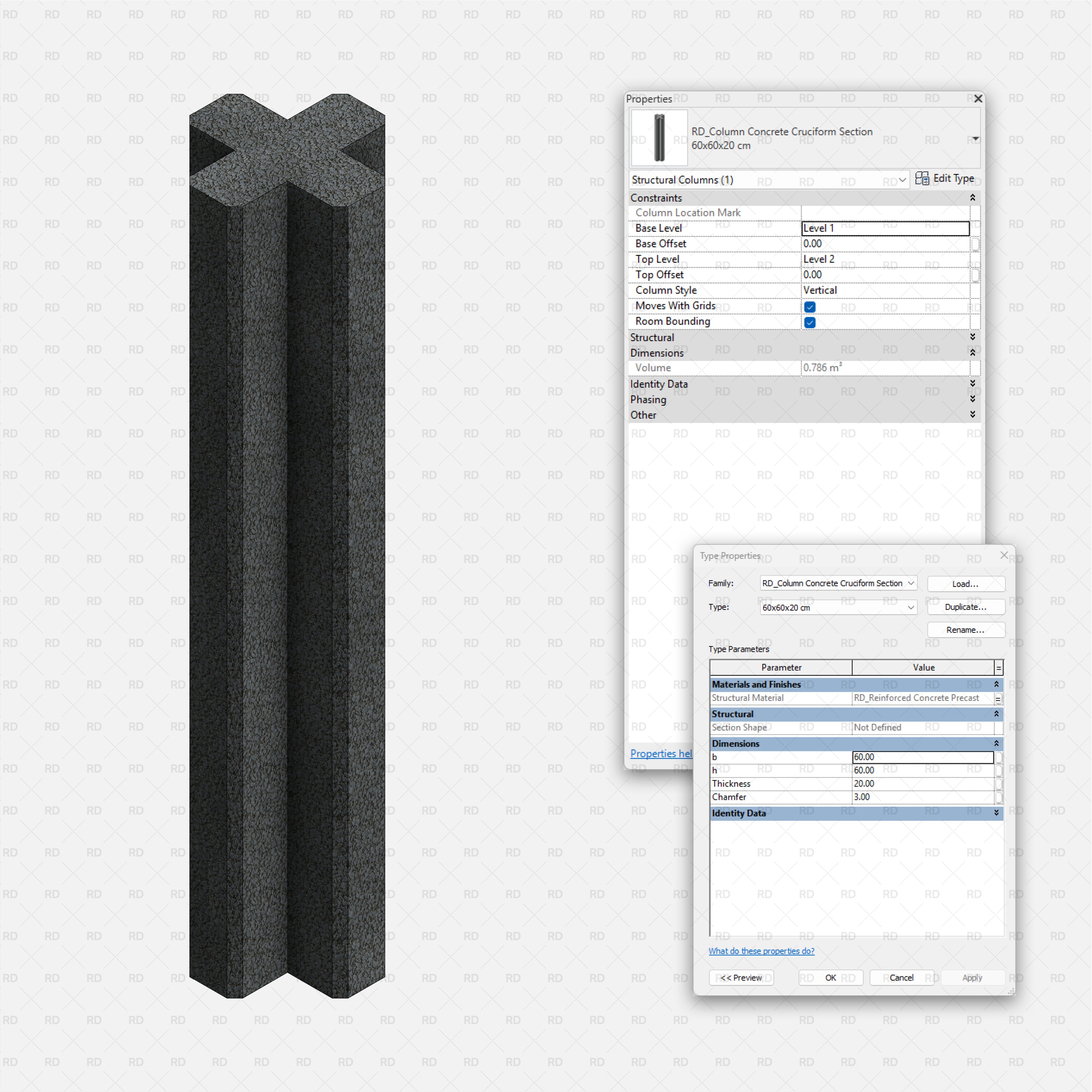 Revit Structural Concrete Columns bim object families blocks 3d model download cruciform section
