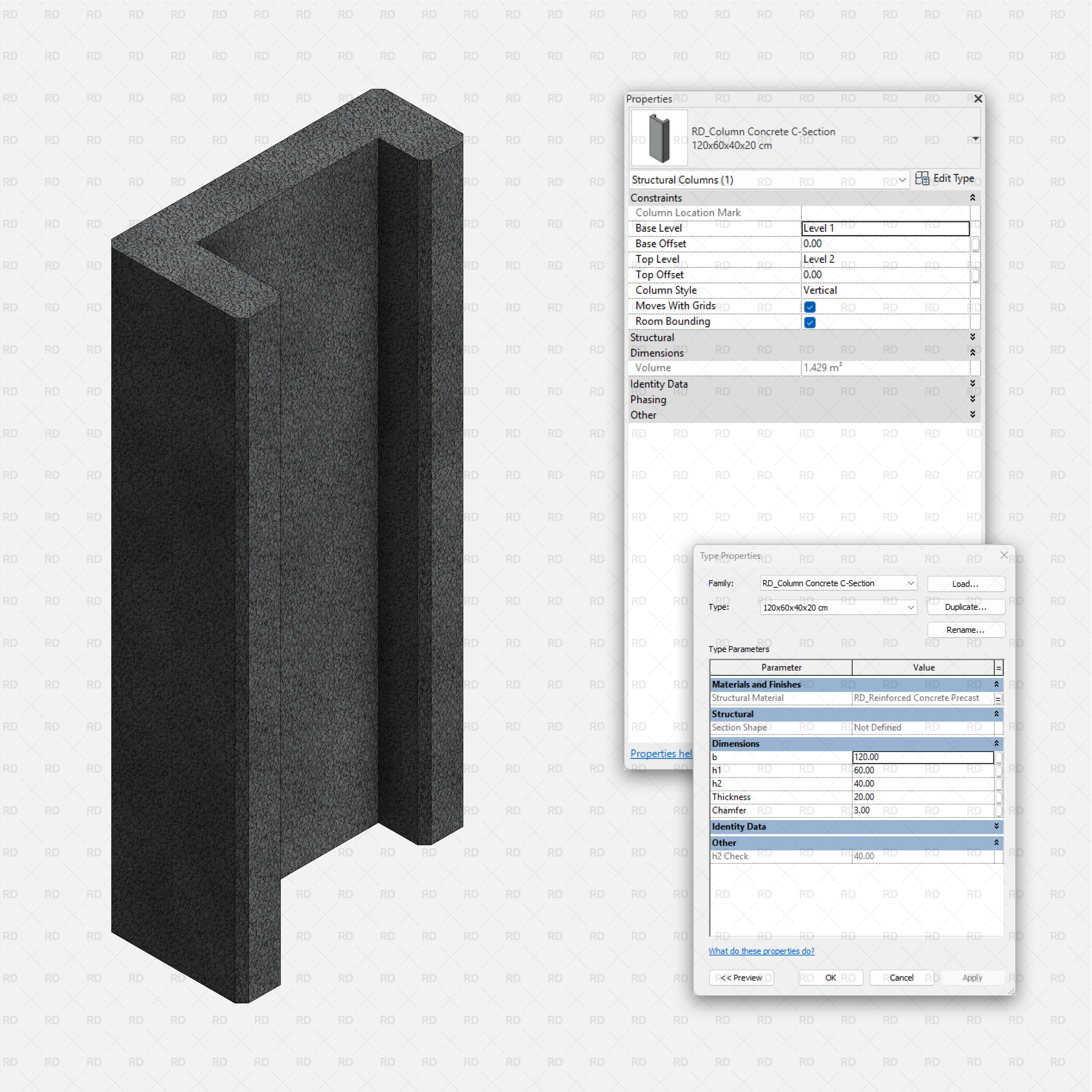 Revit Structural Concrete Columns bim object families blocks 3d model download c section