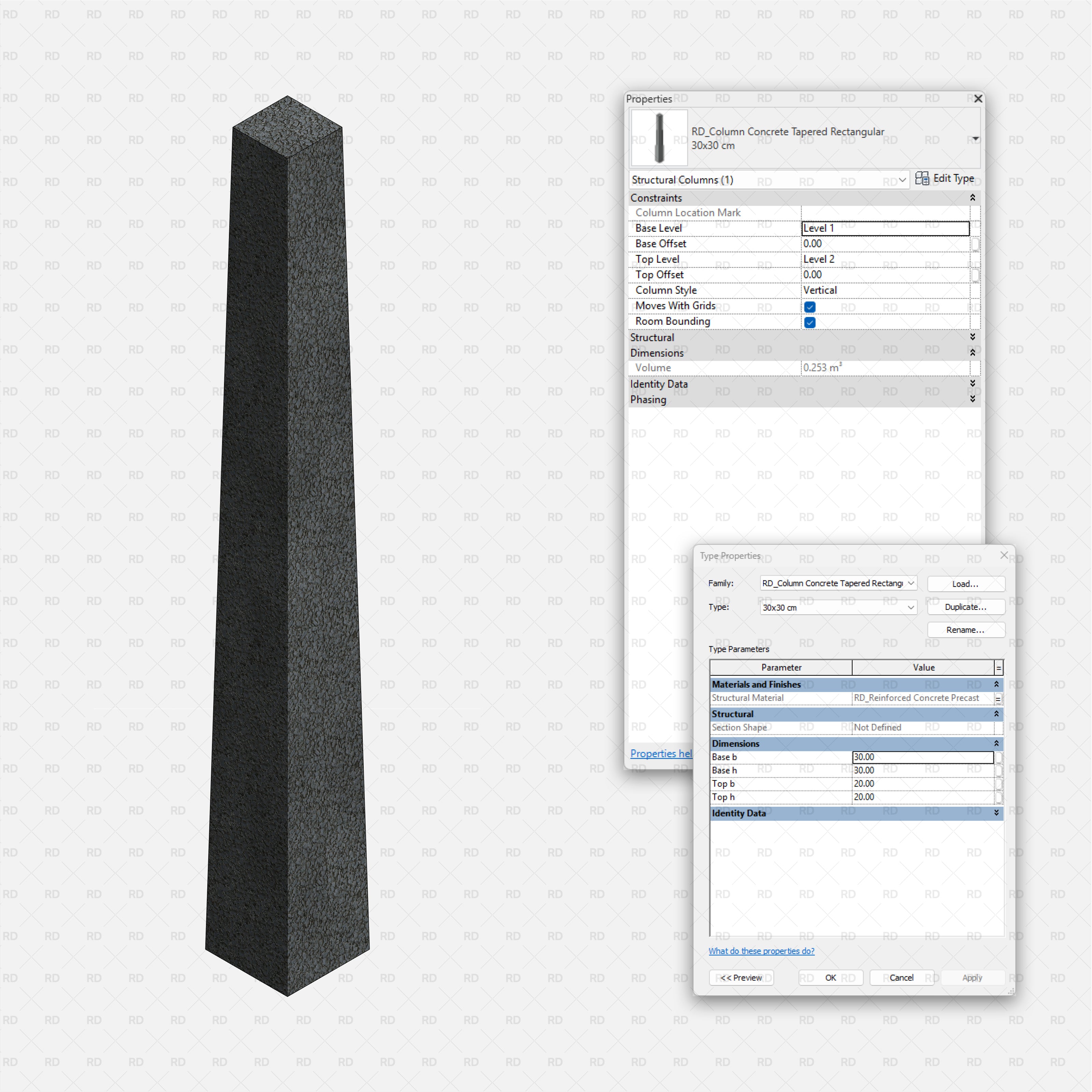 Revit Structural Concrete Columns bim object families blocks 3d model download tapered rectangular