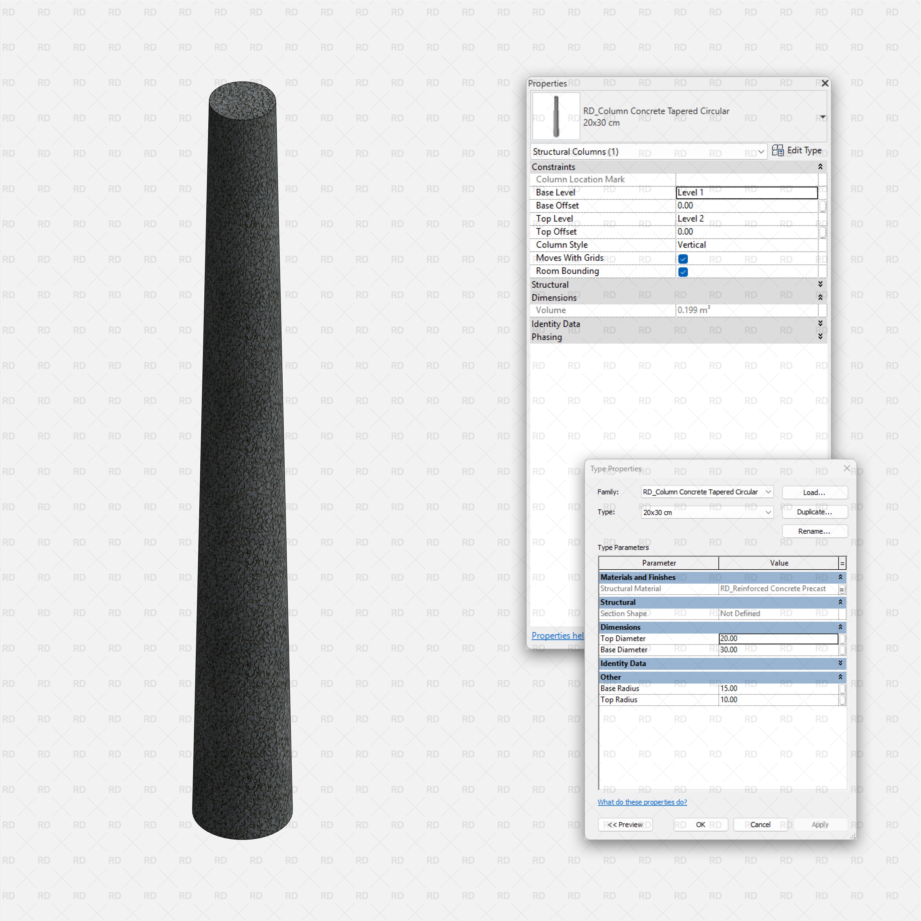 Revit Structural Concrete Columns bim object families blocks 3d model download tapered circular