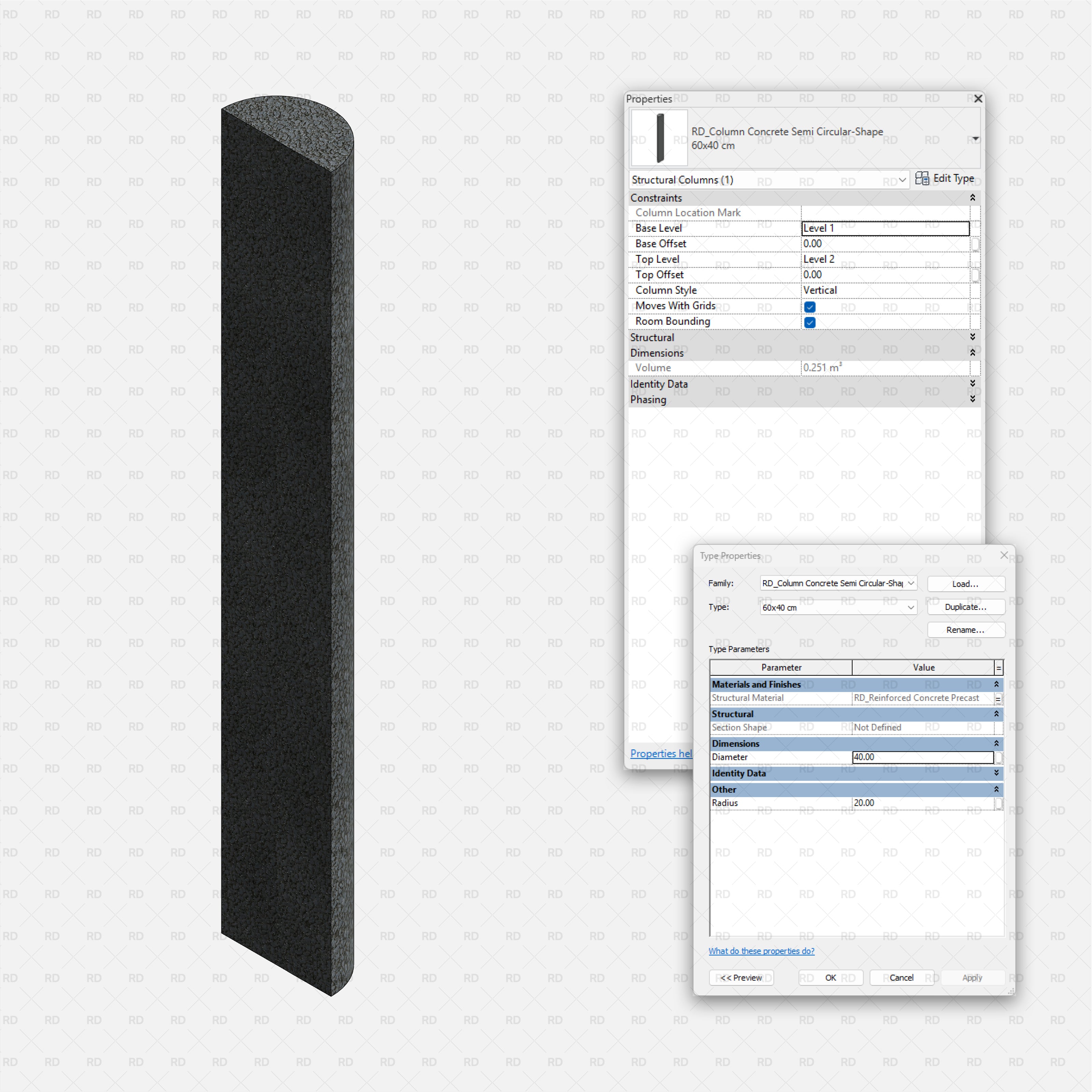 Revit Structural Concrete Columns bim object families blocks 3d model download semi circular half circle shape