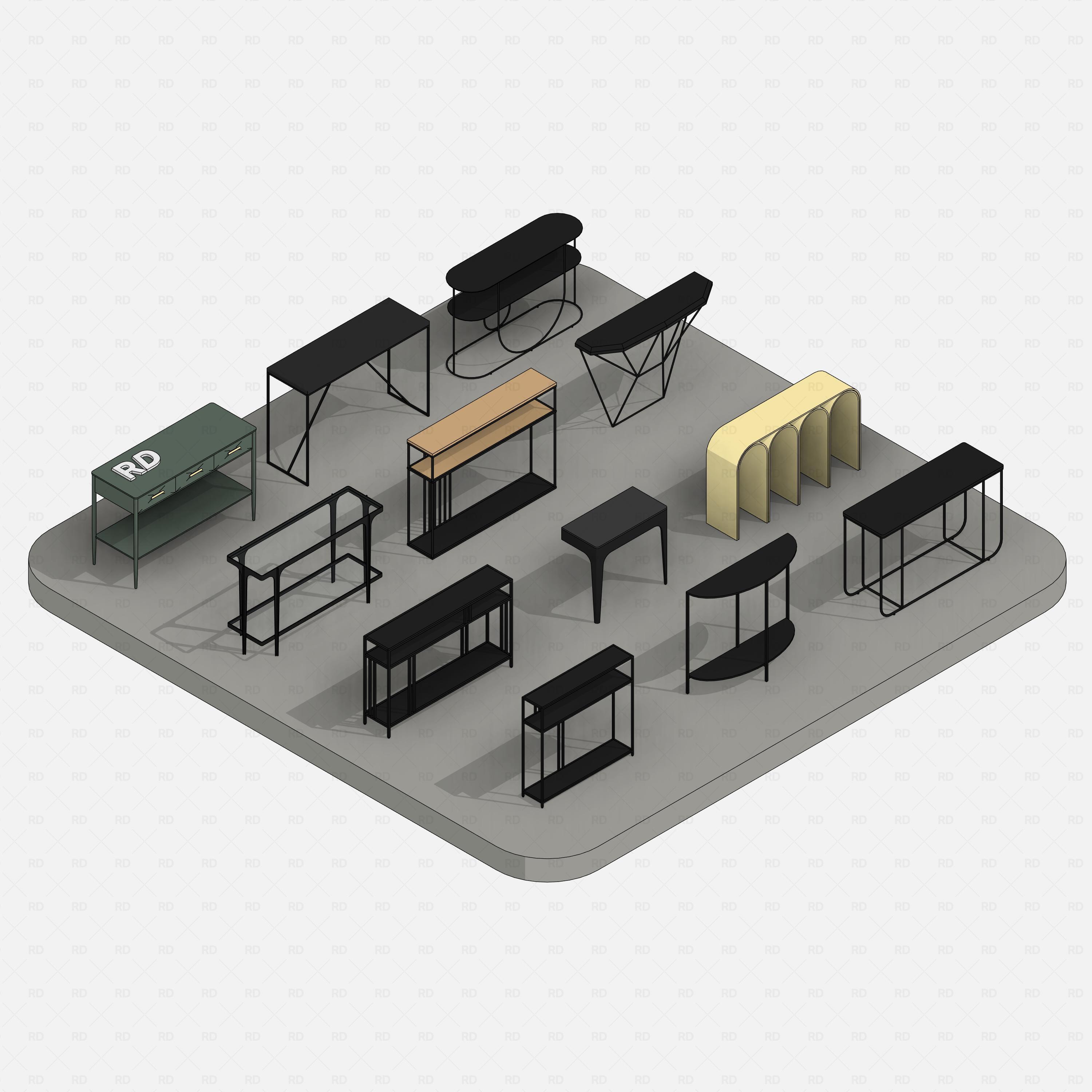 revit metal console table RD Studio BIM blocks rfa, collection render on platform with consistent colors