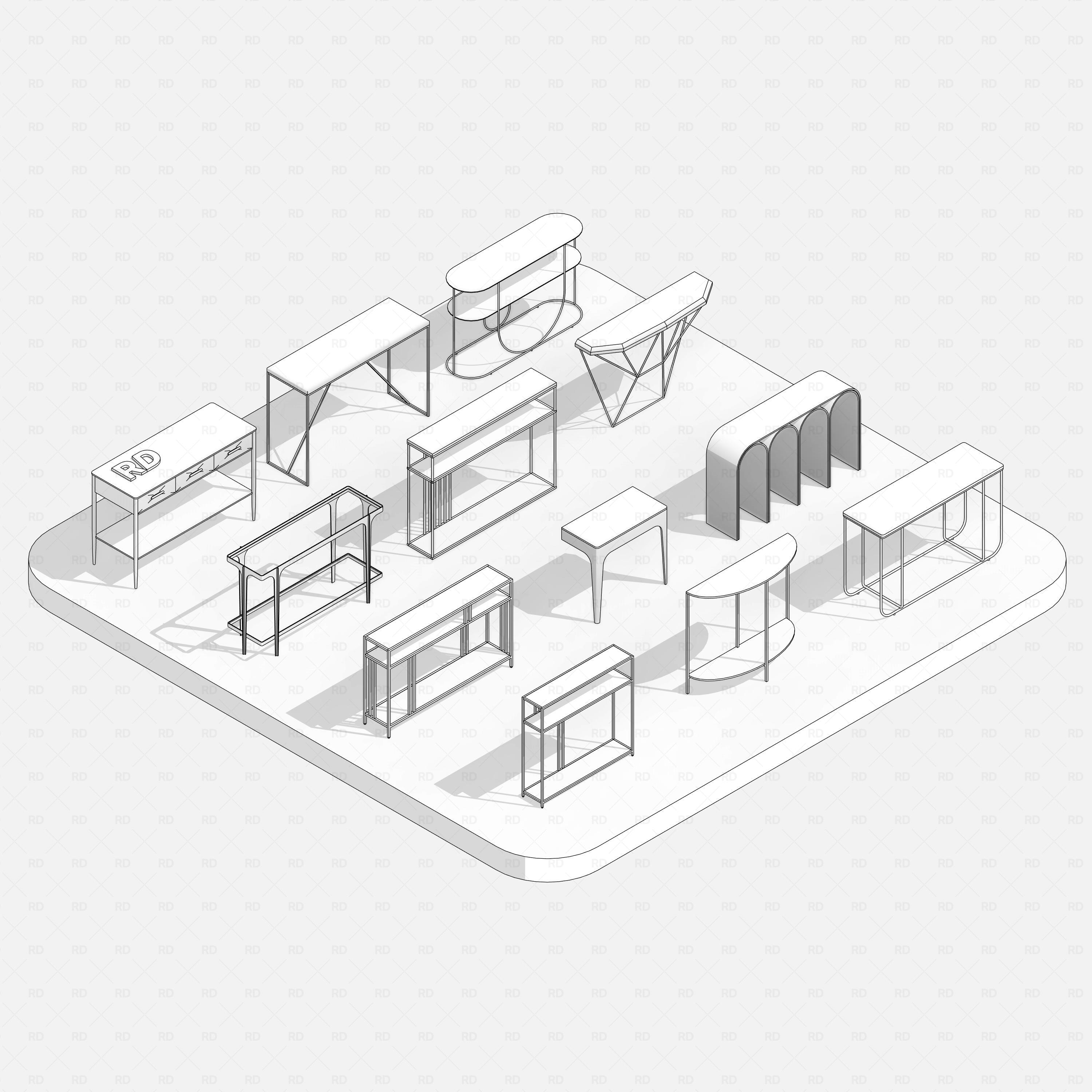 revit metal console table RD Studio BIM blocks rfa, hidden-line overview of assorted console tables