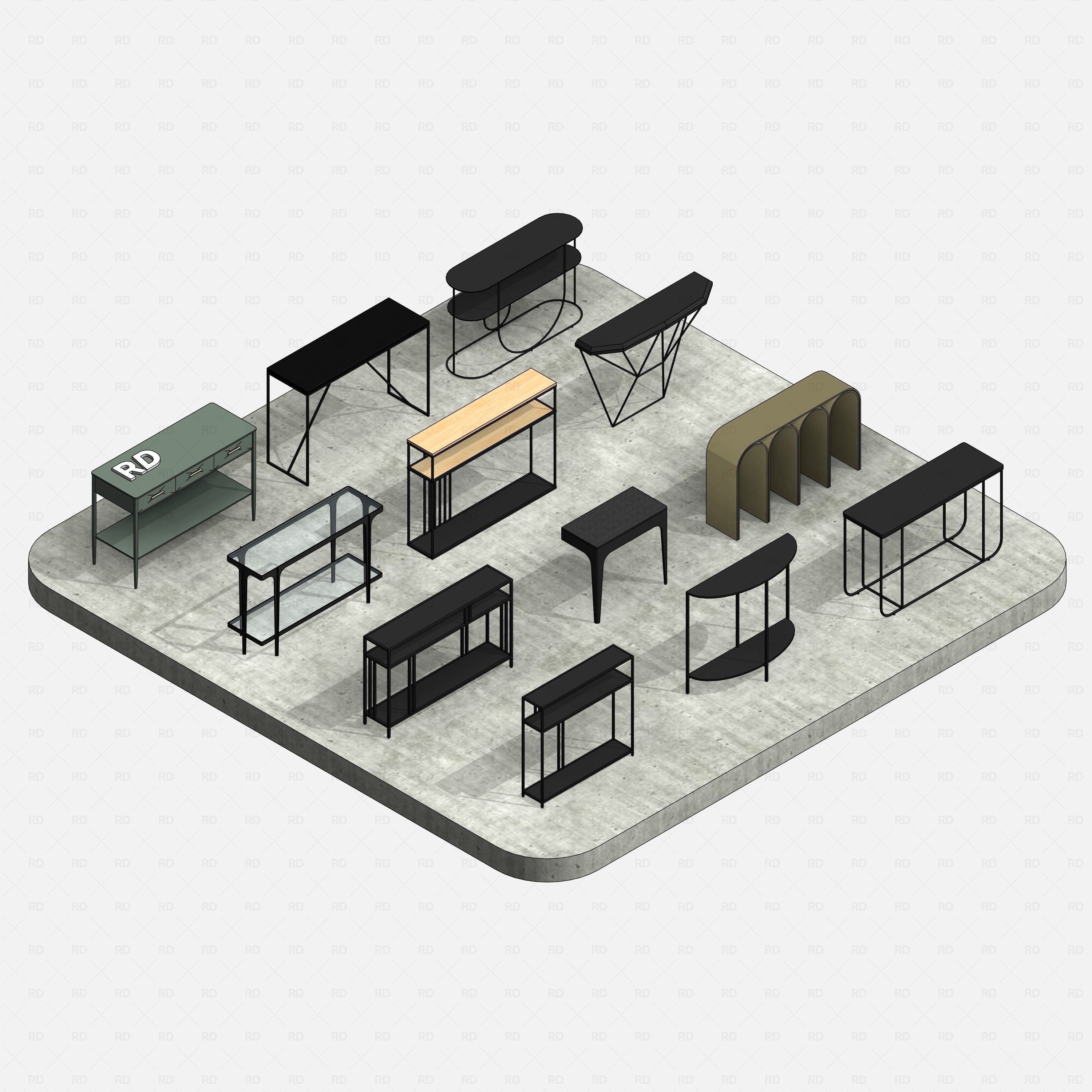 revit metal console table RD Studio BIM blocks rfa, realistic set on concrete base with shadows