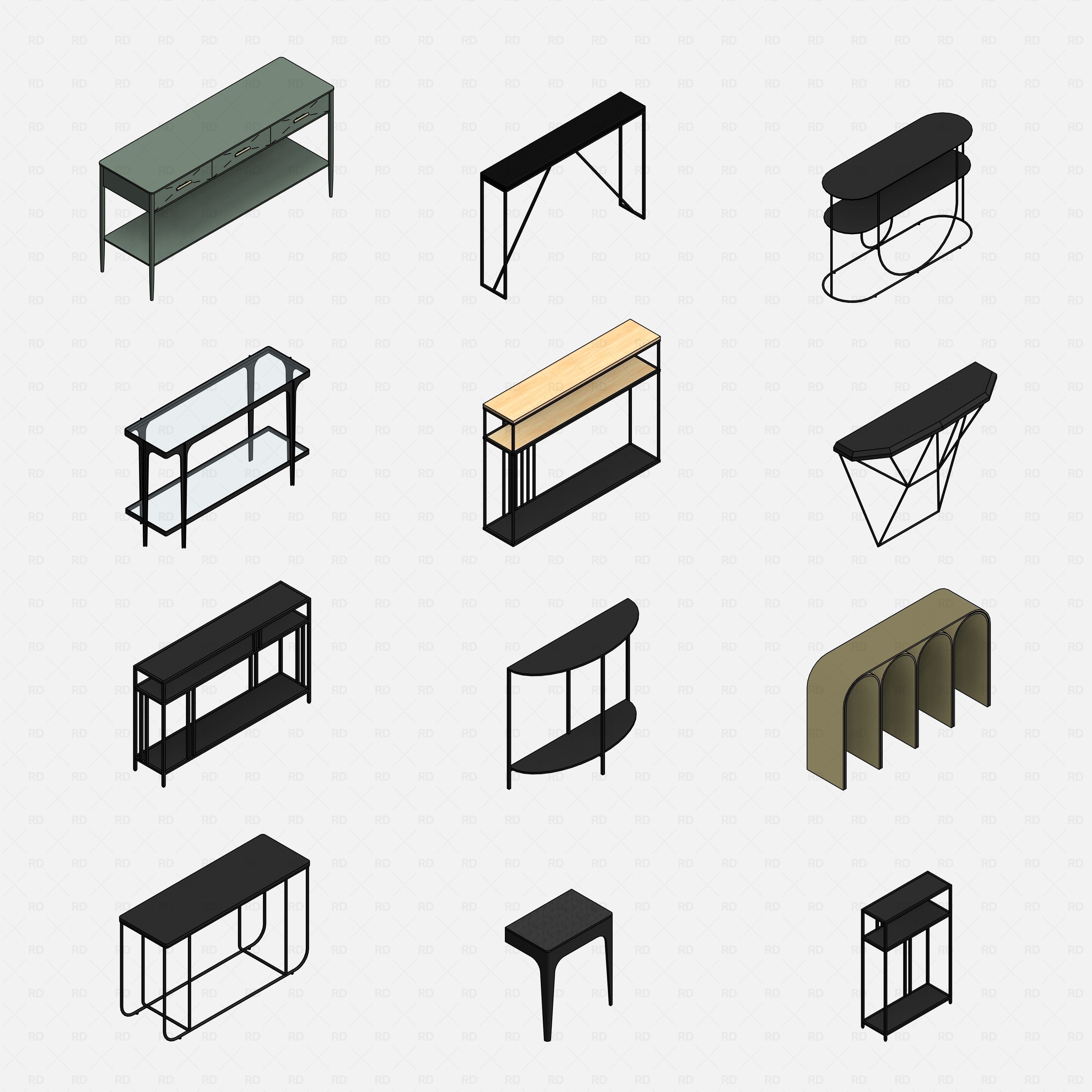 revit metal console table RD Studio BIM blocks rfa, grid of individual metal console table models