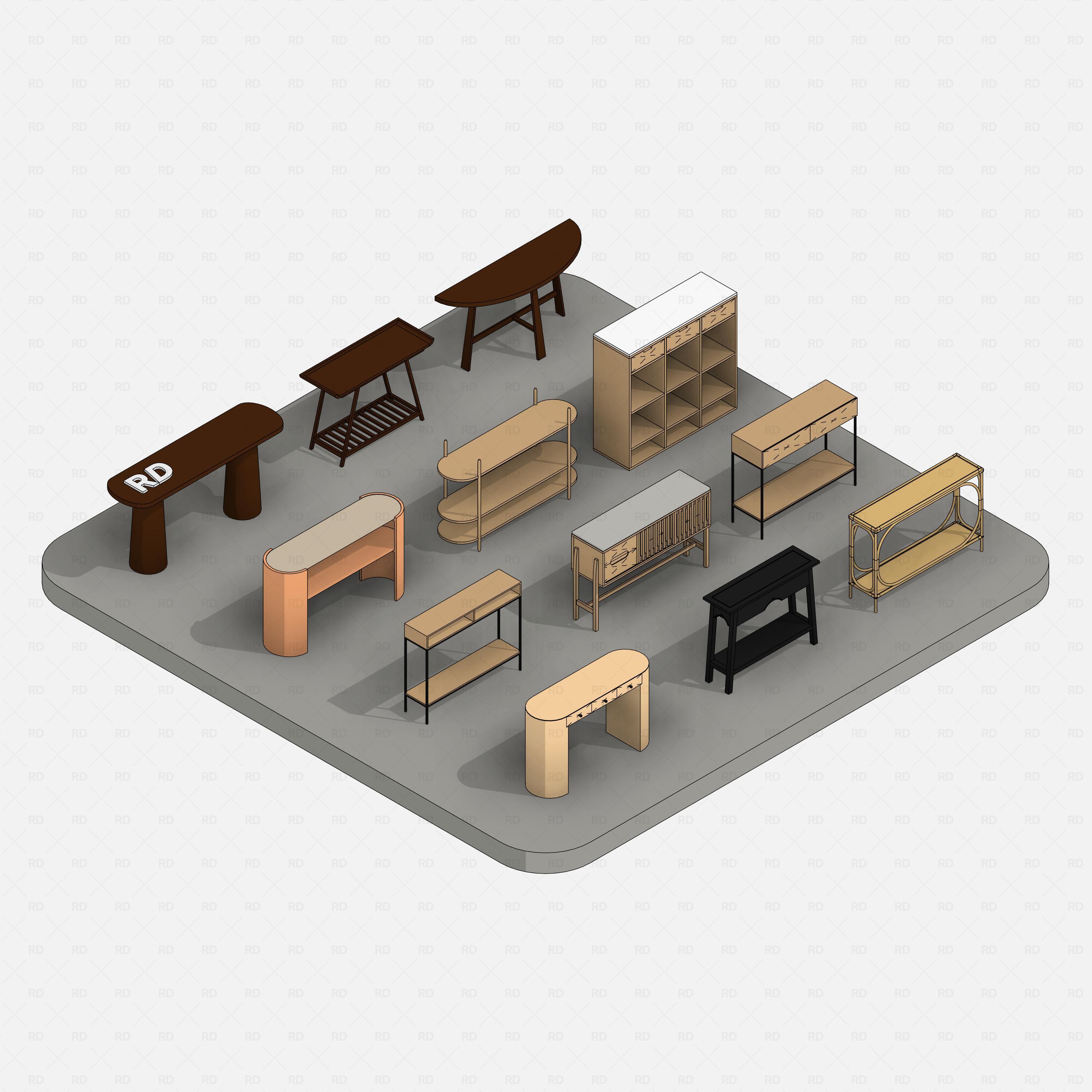 revit wood console table RD Studio BIM blocks rfa pack overview in consistent colors, isometric layout