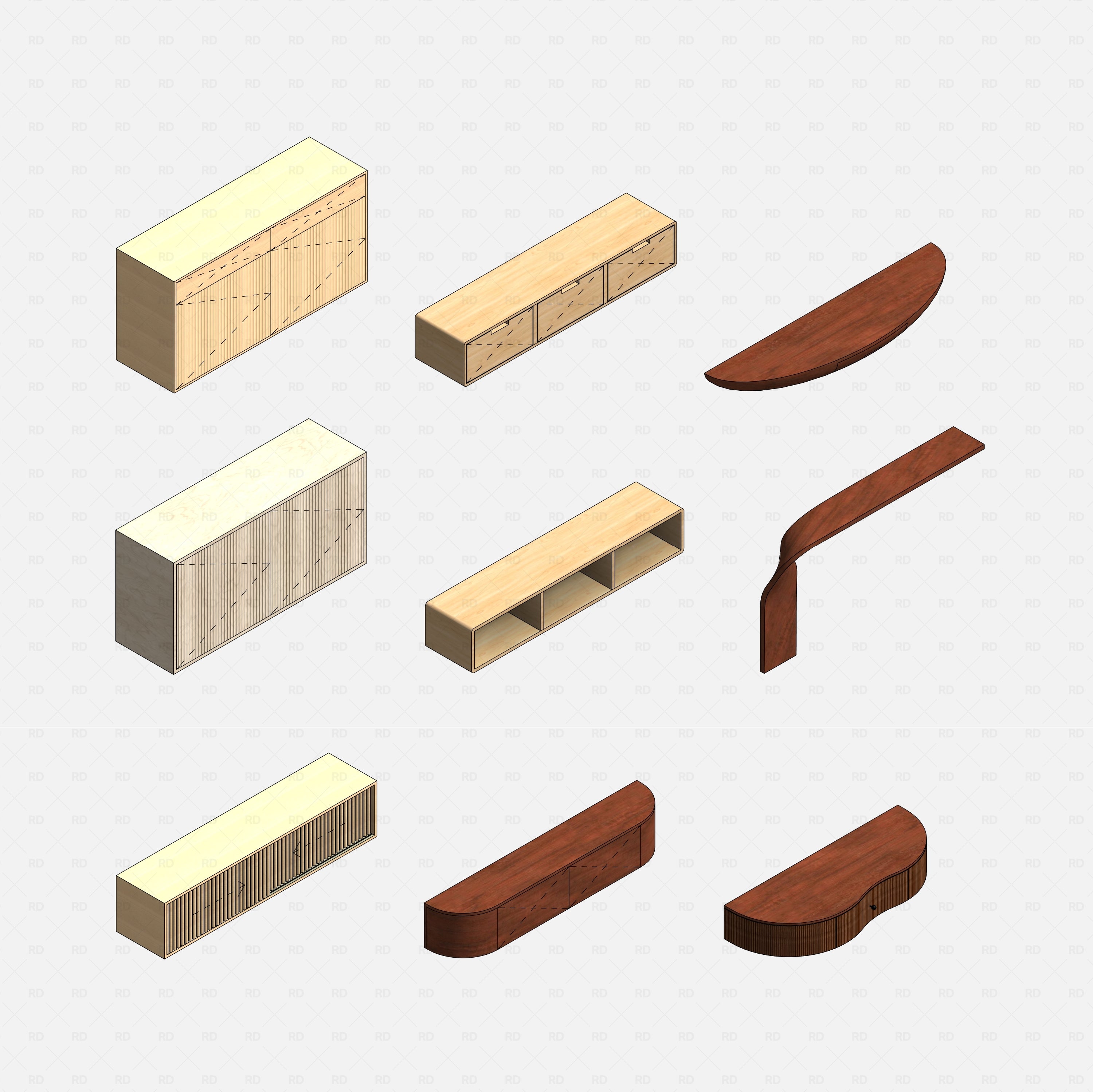 revit wall based console table RD Studio BIM blocks rfa grid of 9 wall-mounted console variants: slatted, curved, half-round, L-shaped