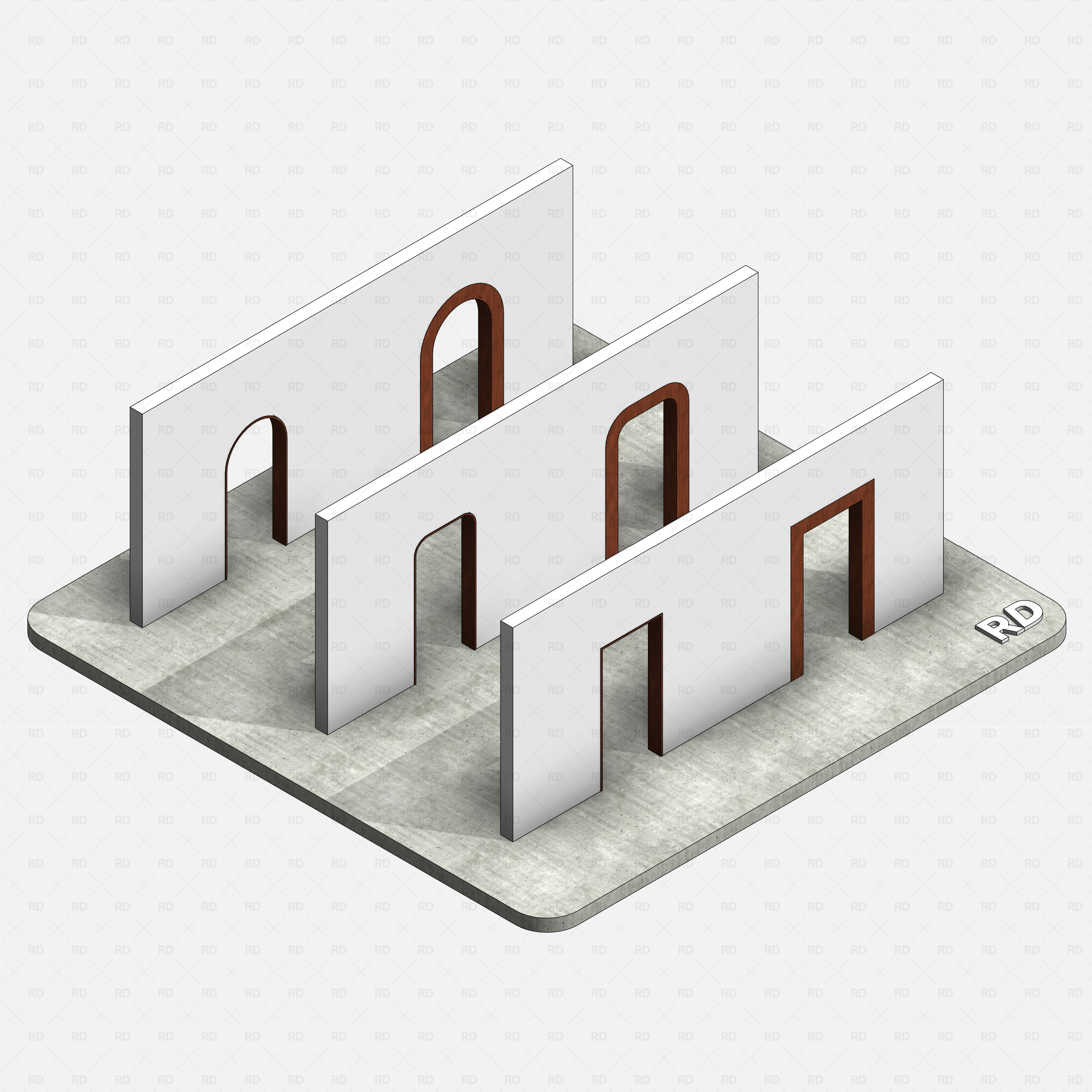 Revit 3D Realistic Wall Opening RD Studio BIM Blocks RFA Platform View With Arched And Rectangular Wall Openings On Concrete Base
