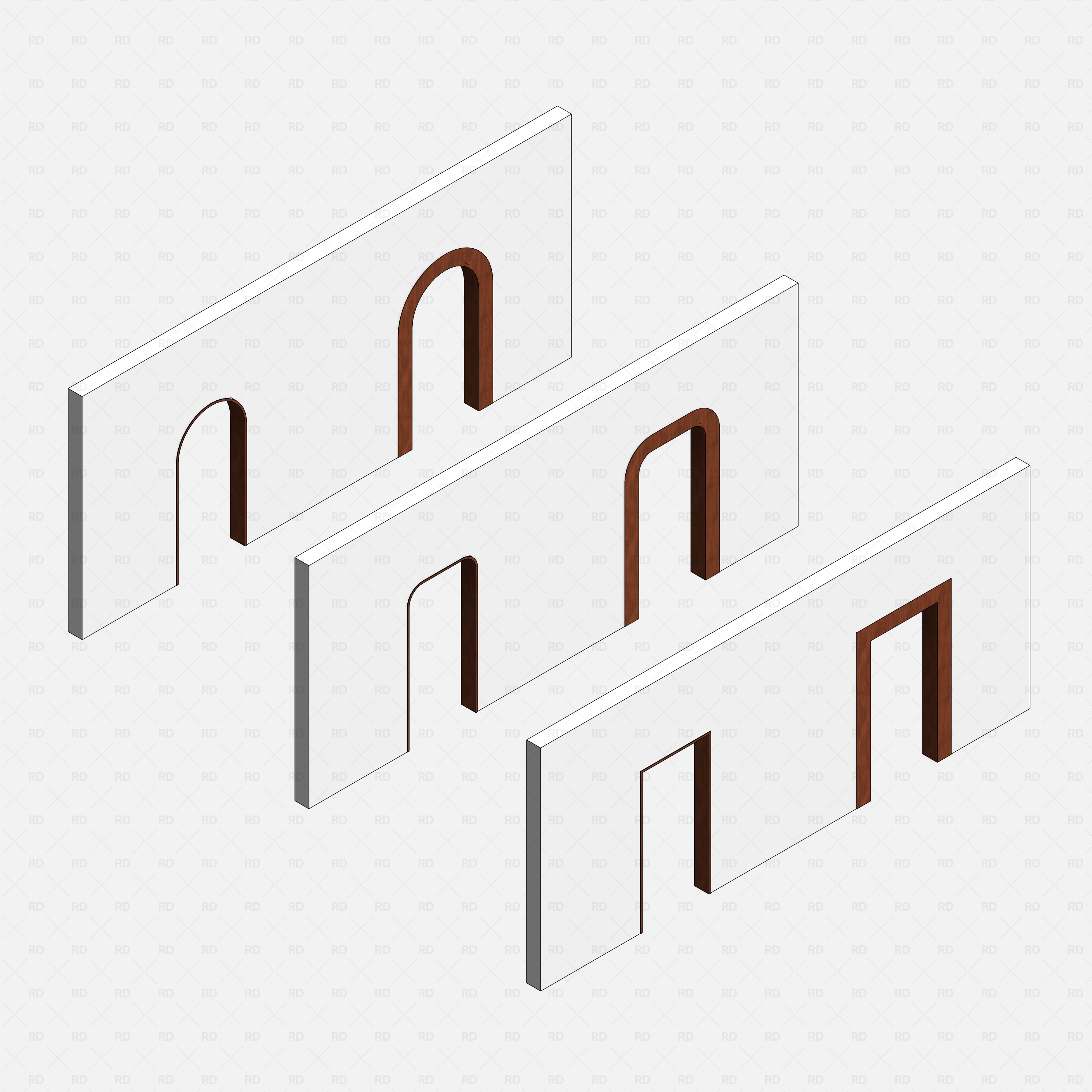 Revit 3D Realistic Wall Opening RD Studio BIM Blocks RFA Iso Grid Walls With Wood-Framed Arched And Rectangular Openings