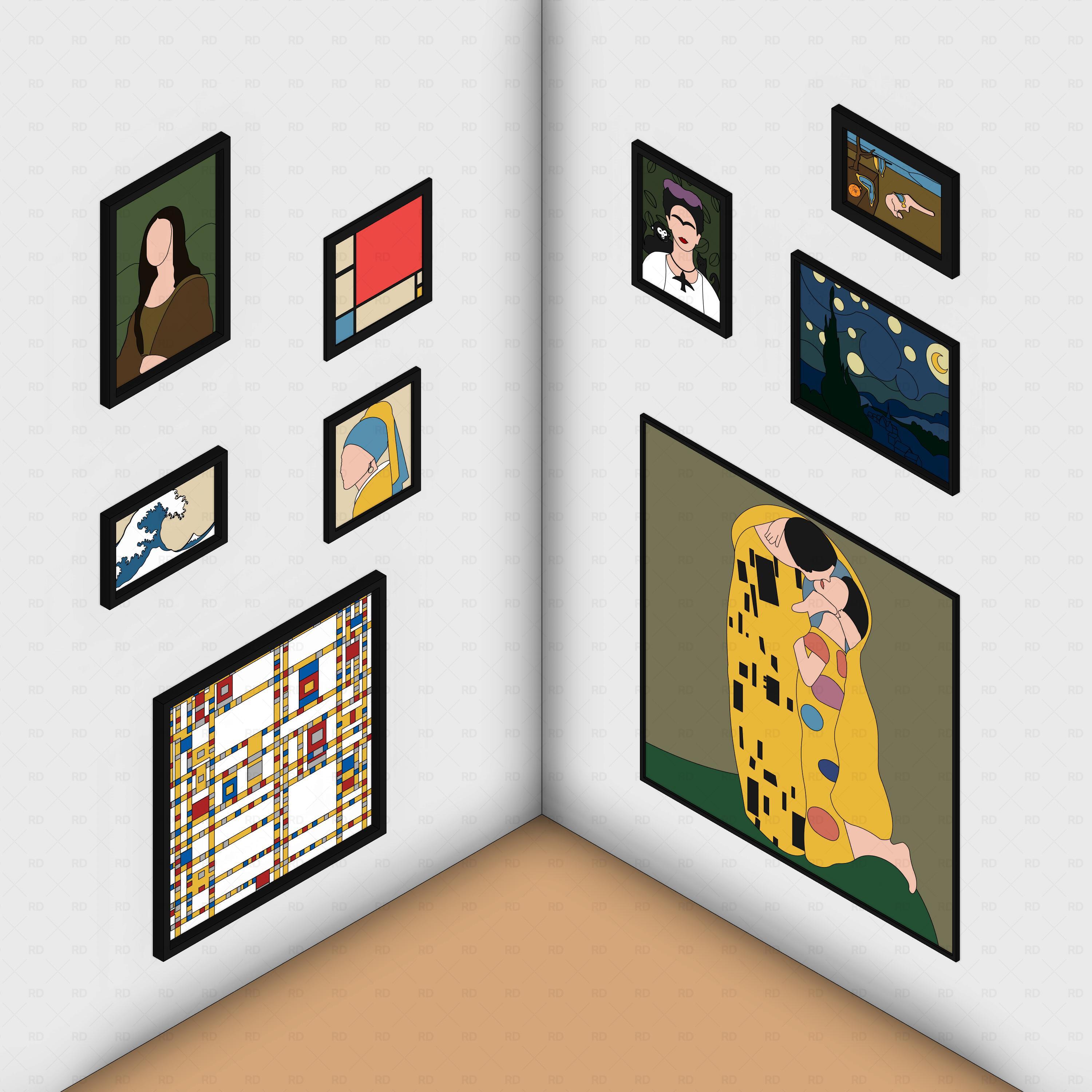 revit famous painting RD Studio BIM blocks rfa color pack preview, gallery wall with nine iconic artworks