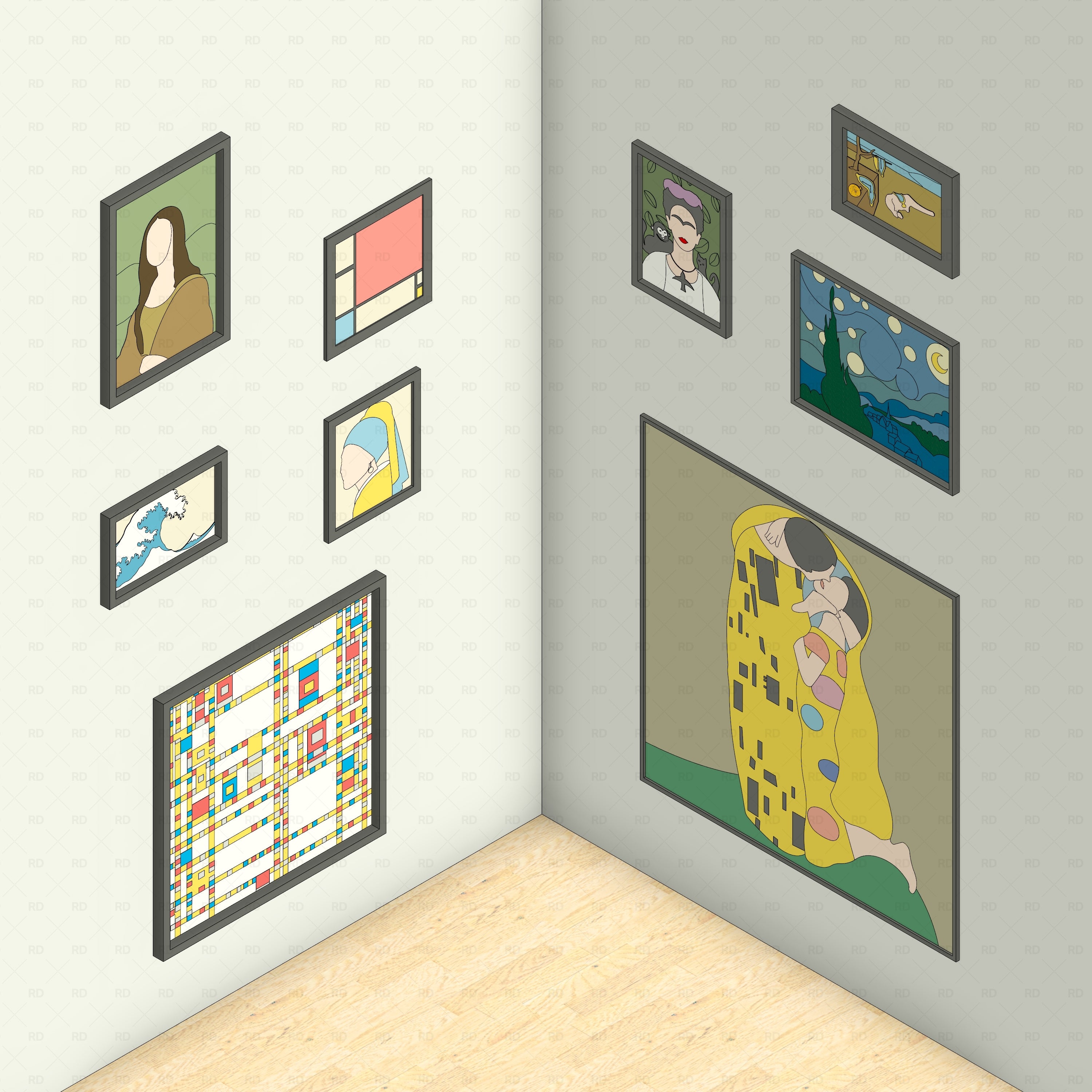 revit famous painting RD Studio BIM blocks rfa room corner render with framed classics on two walls
