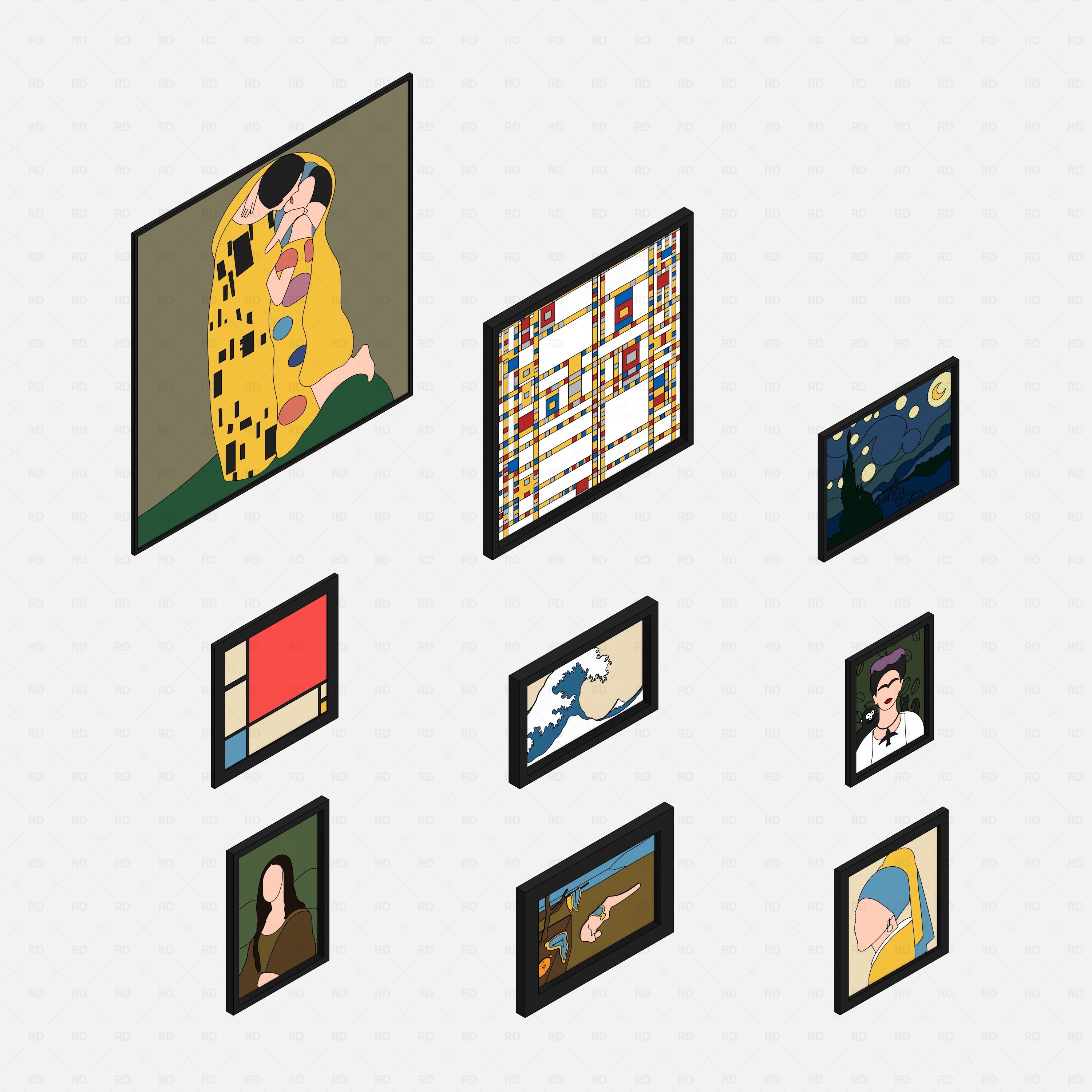 revit famous painting RD Studio BIM blocks rfa isometric grid of nine framed classics, render view