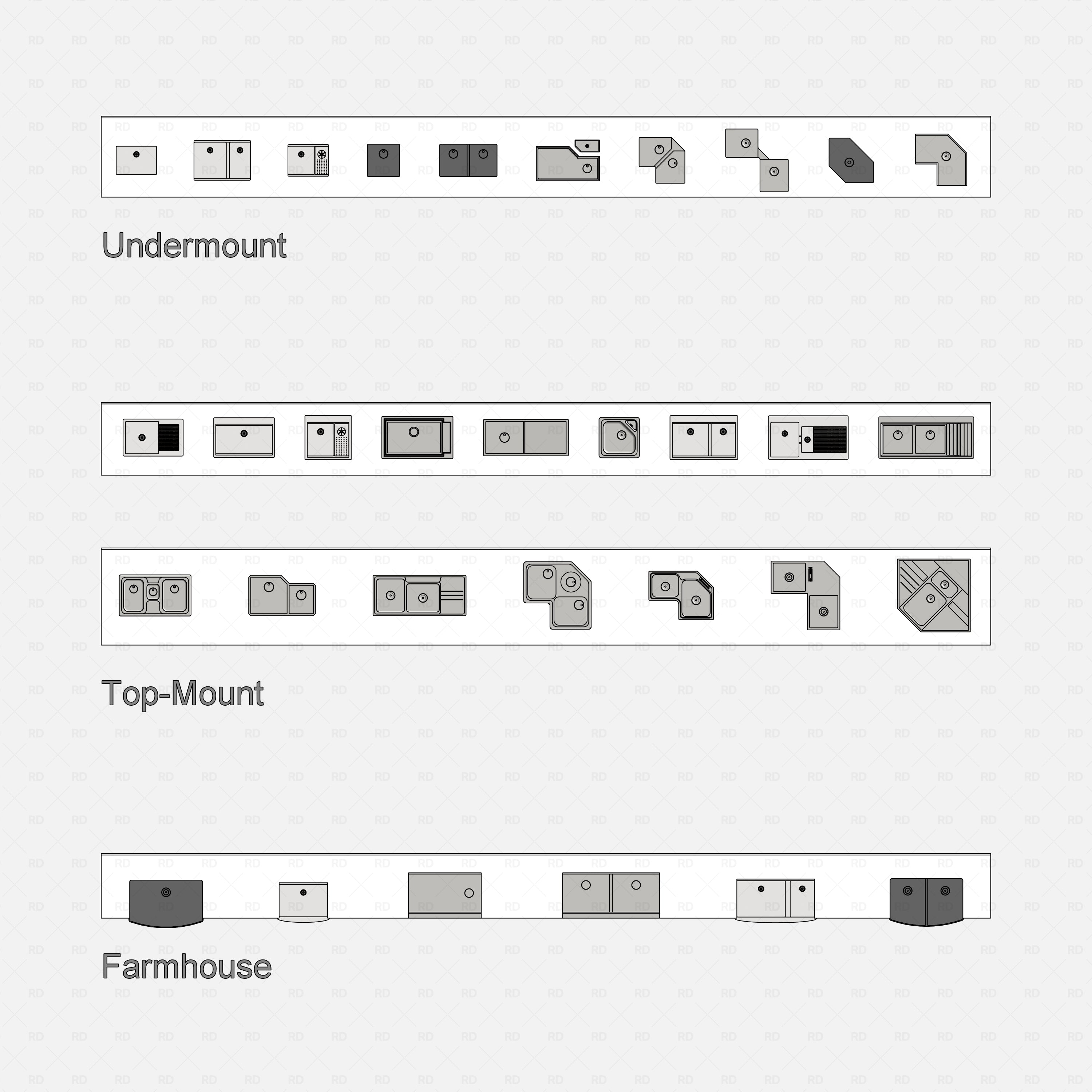revit kitchen sink RD Studio BIM blocks rfa - shaded floor plan strips for undermount, top mount, farmhouse