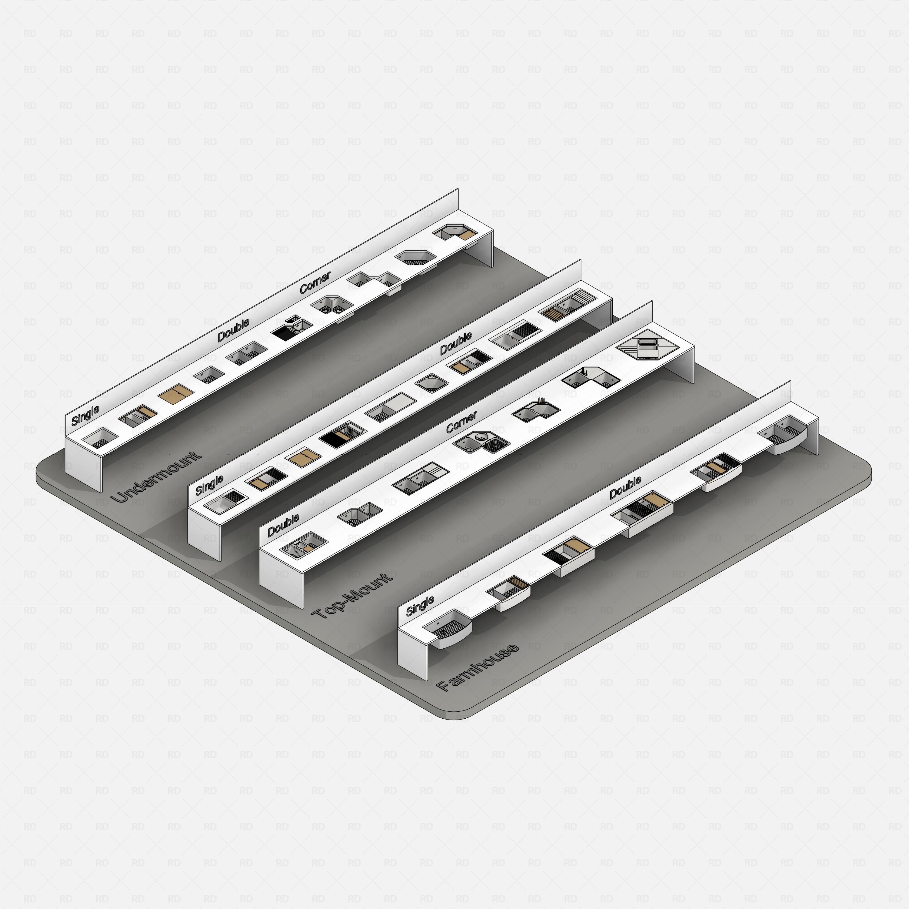 revit kitchen sink with accessories RD Studio BIM blocks rfa, isometric overview of all sink types and add-ons