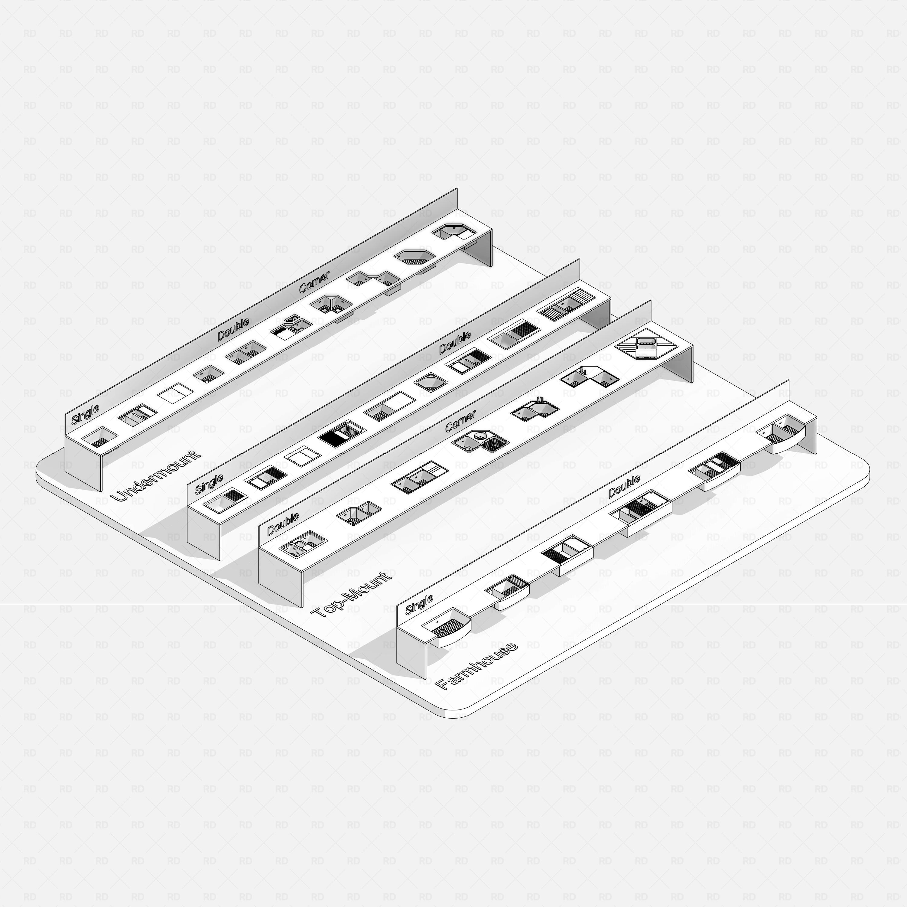 revit kitchen sink with accessories RD Studio BIM blocks rfa, clean white isometric overview of complete set
