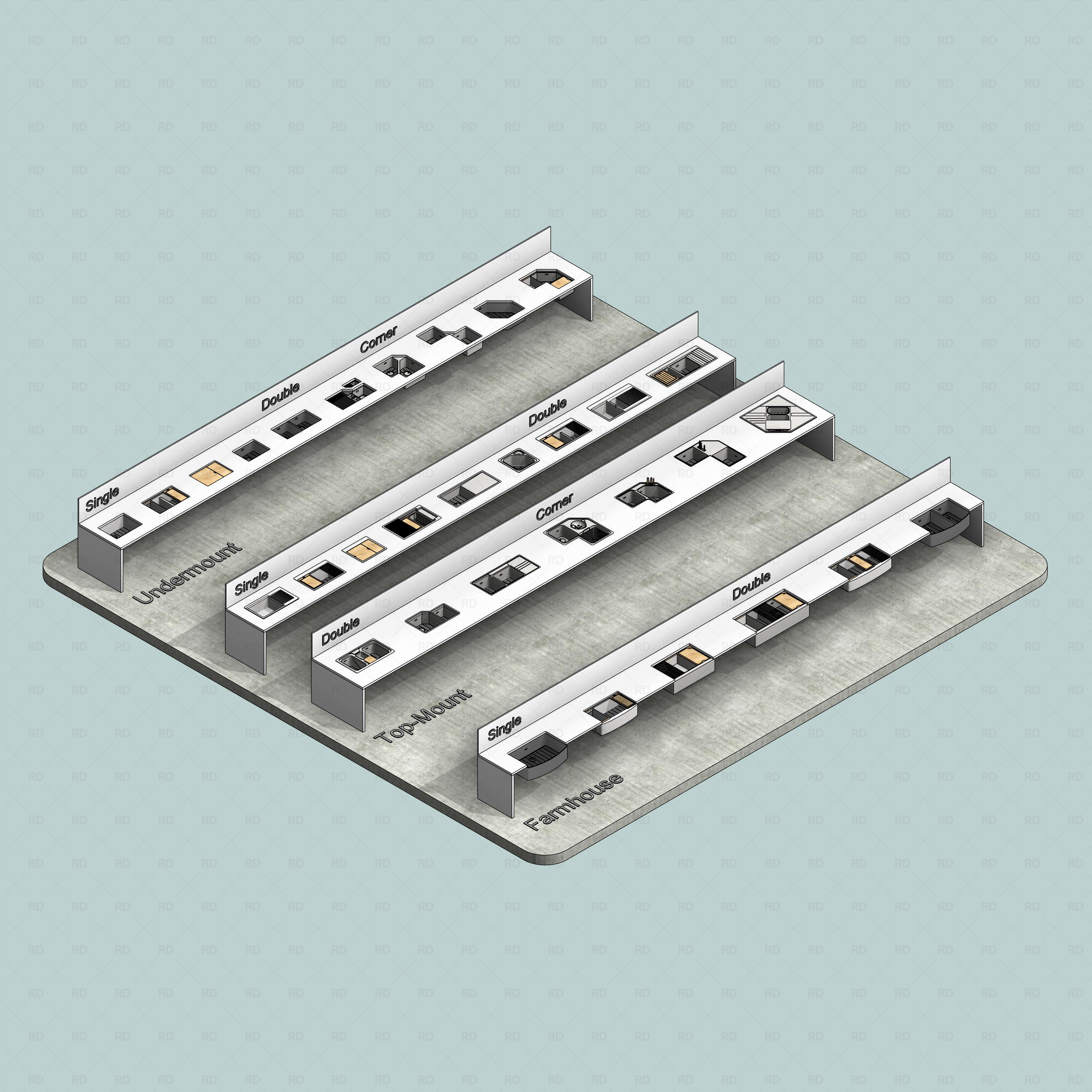 revit kitchen sink with accessories RD Studio BIM blocks rfa, rendered set on blue background showing all categories