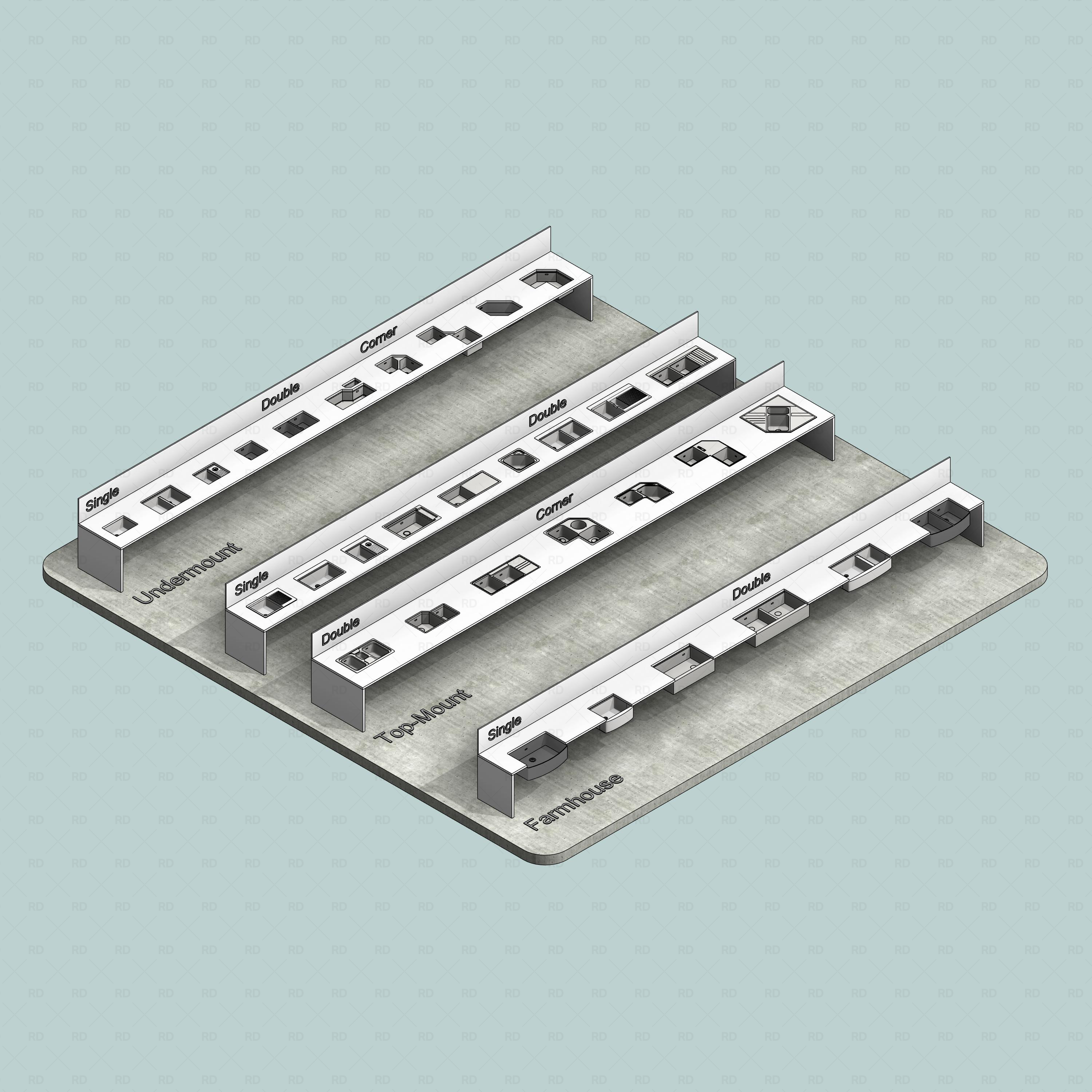revit kitchen sink RD Studio BIM blocks rfa - isometric lineup on blue backdrop across all sink categories