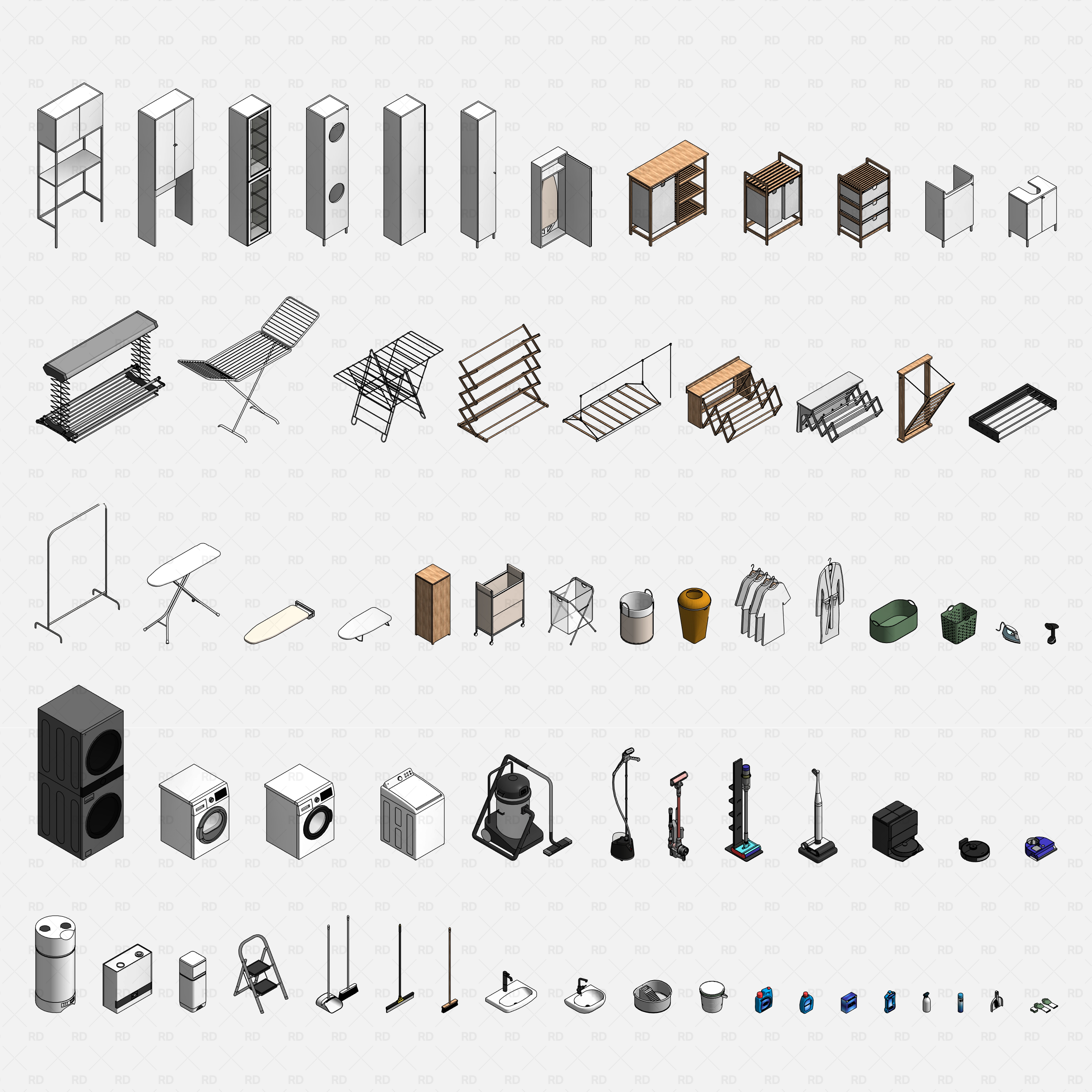 Revit Laundry Equipment RD Studio BIM Blocks RFA - All Laundry Equipment Blocks Grid Preview