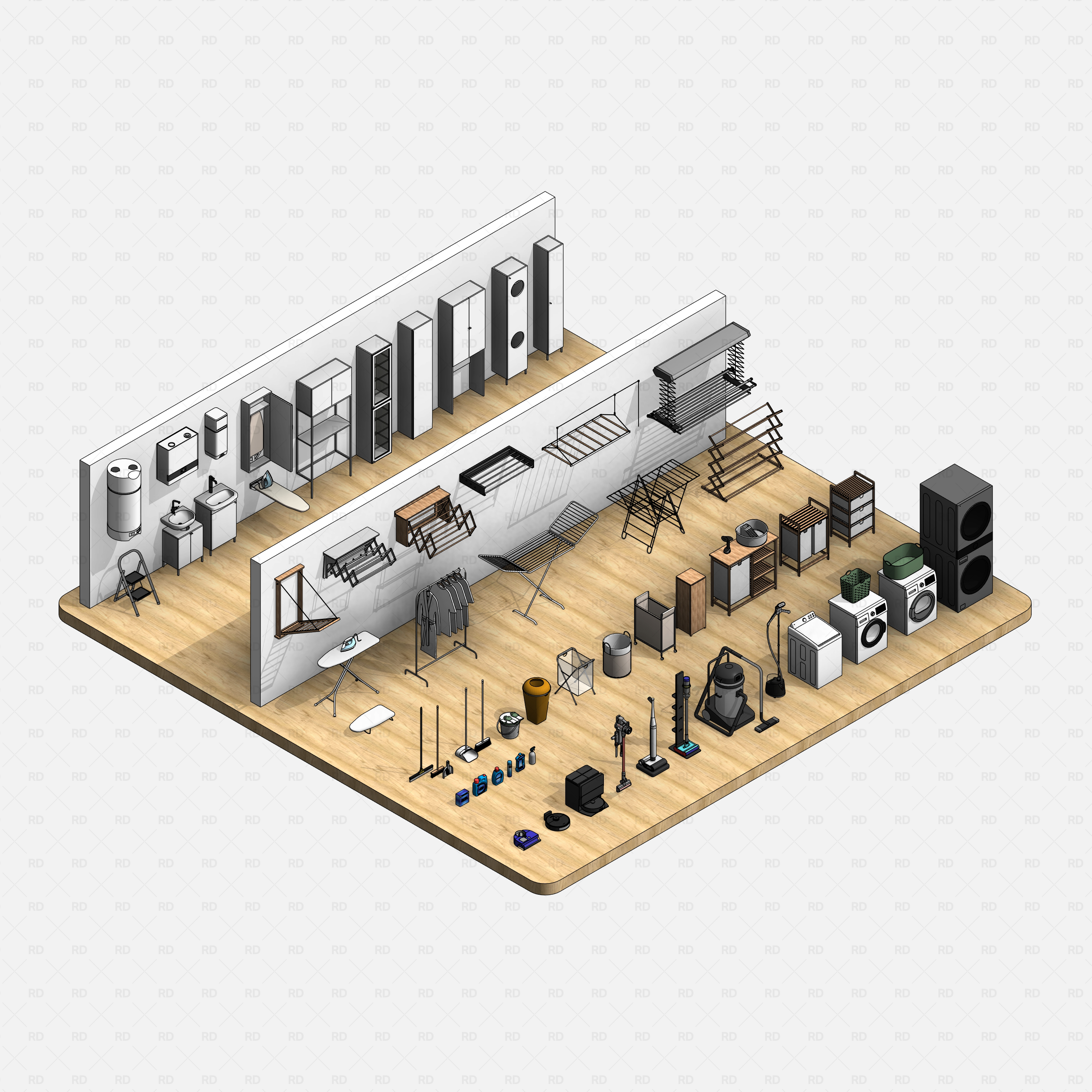 Revit Laundry Equipment RD Studio BIM Blocks RFA - Isometric Layout of Full Laundry Blocks on Wooden Floor