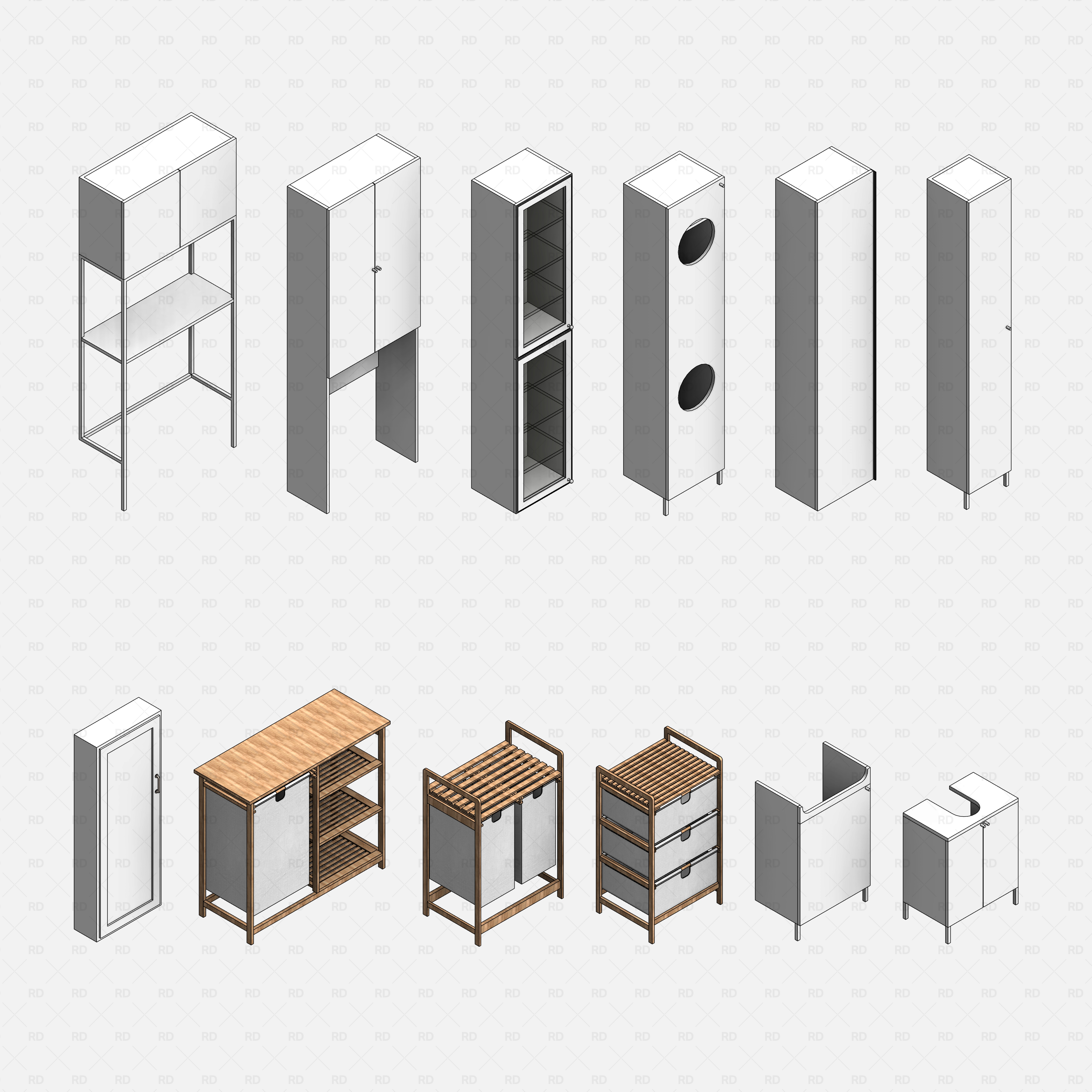 Revit Laundry Equipment RD Studio BIM Blocks RFA - Tall and Base Laundry Storage Cabinets Blocks Grid View