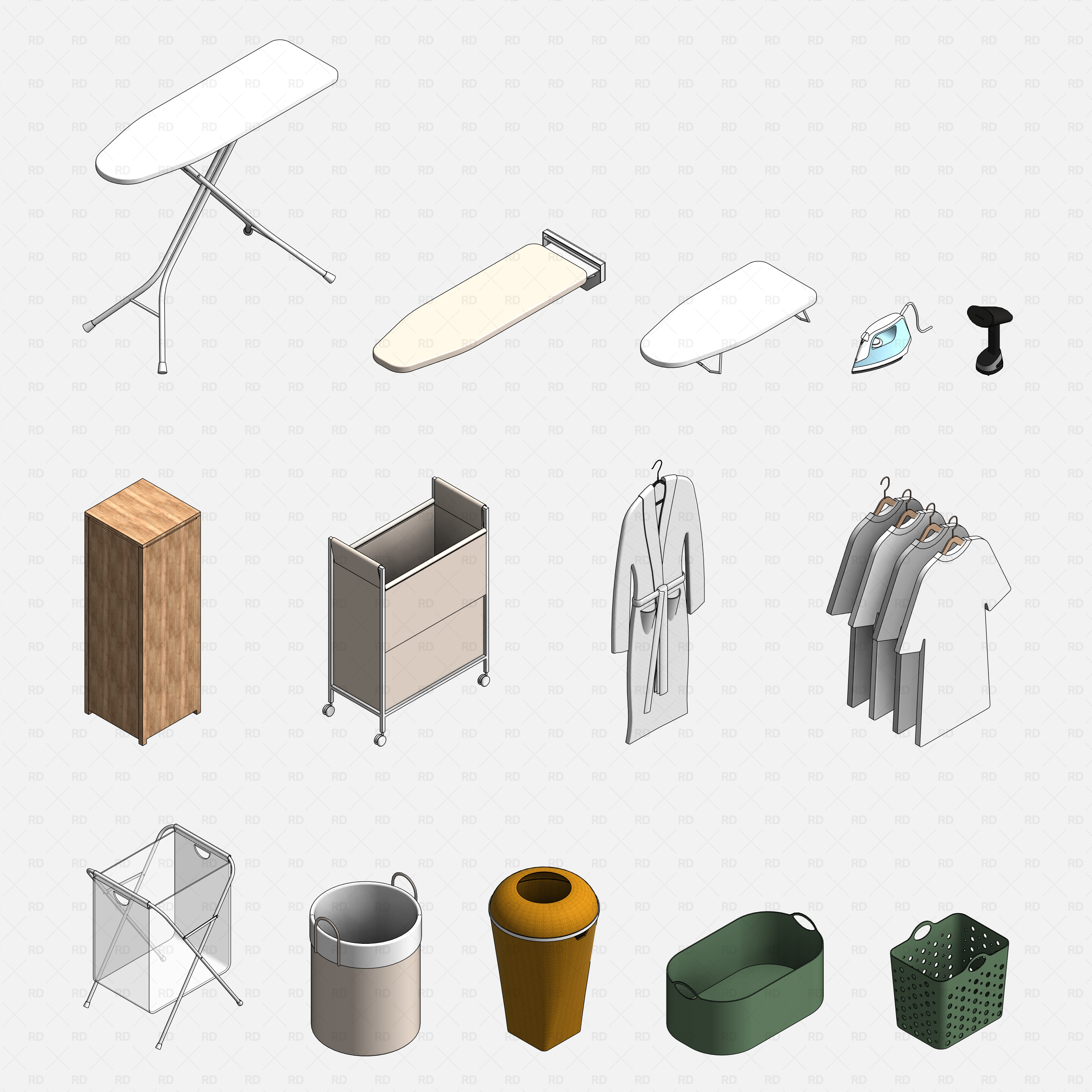 Revit Laundry Equipment RD Studio BIM Blocks RFA - Ironing Boards Hampers Robe Hangers Laundry Bins Blocks Grid