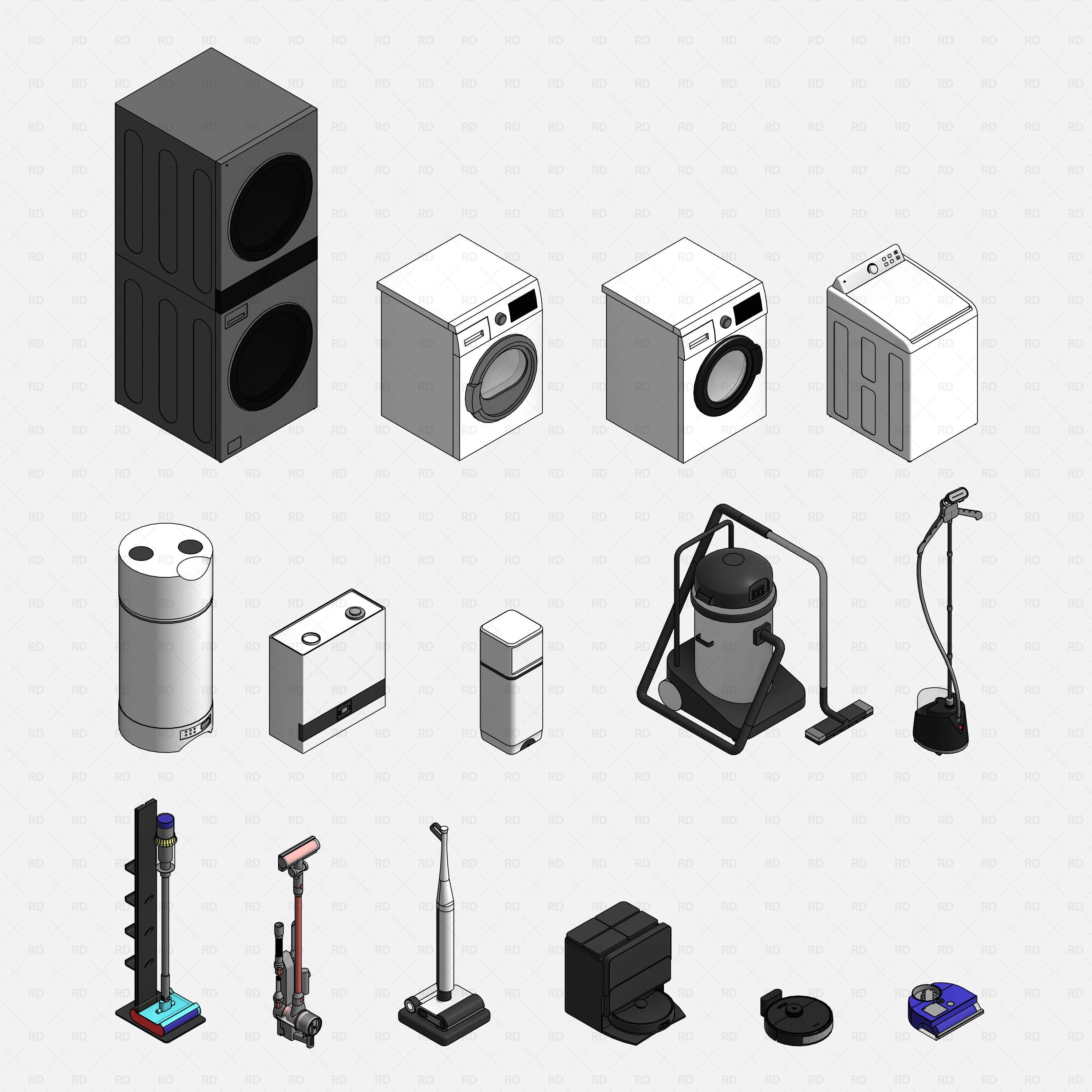 Revit Laundry Equipment RD Studio BIM Blocks RFA - Washing Machines Dryers Vacuum Cleaners Steamer Blocks Grid