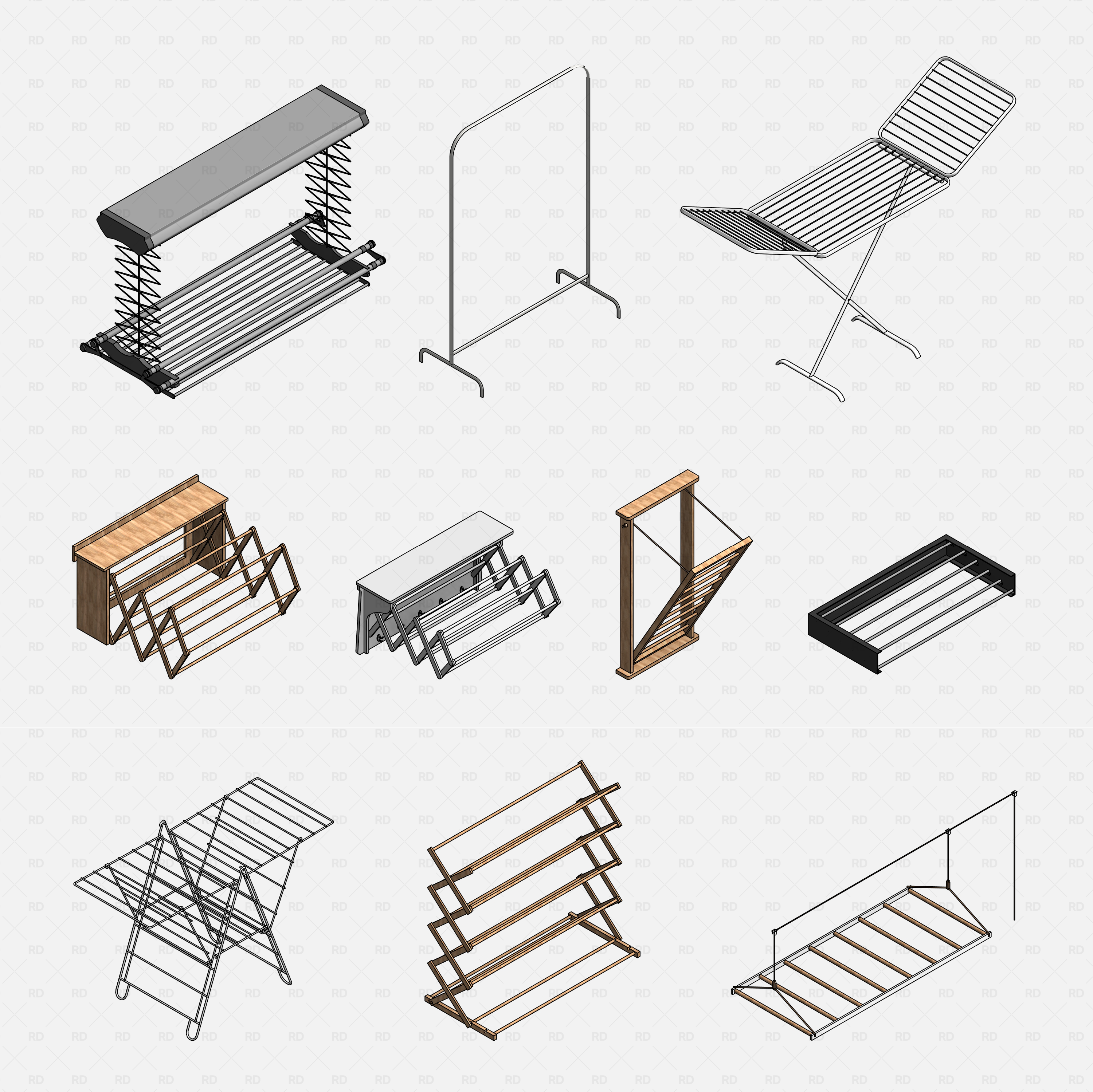 Revit Laundry Equipment RD Studio BIM Blocks RFA - Garment Racks Drying Stands Folding Shelves Blocks Grid View