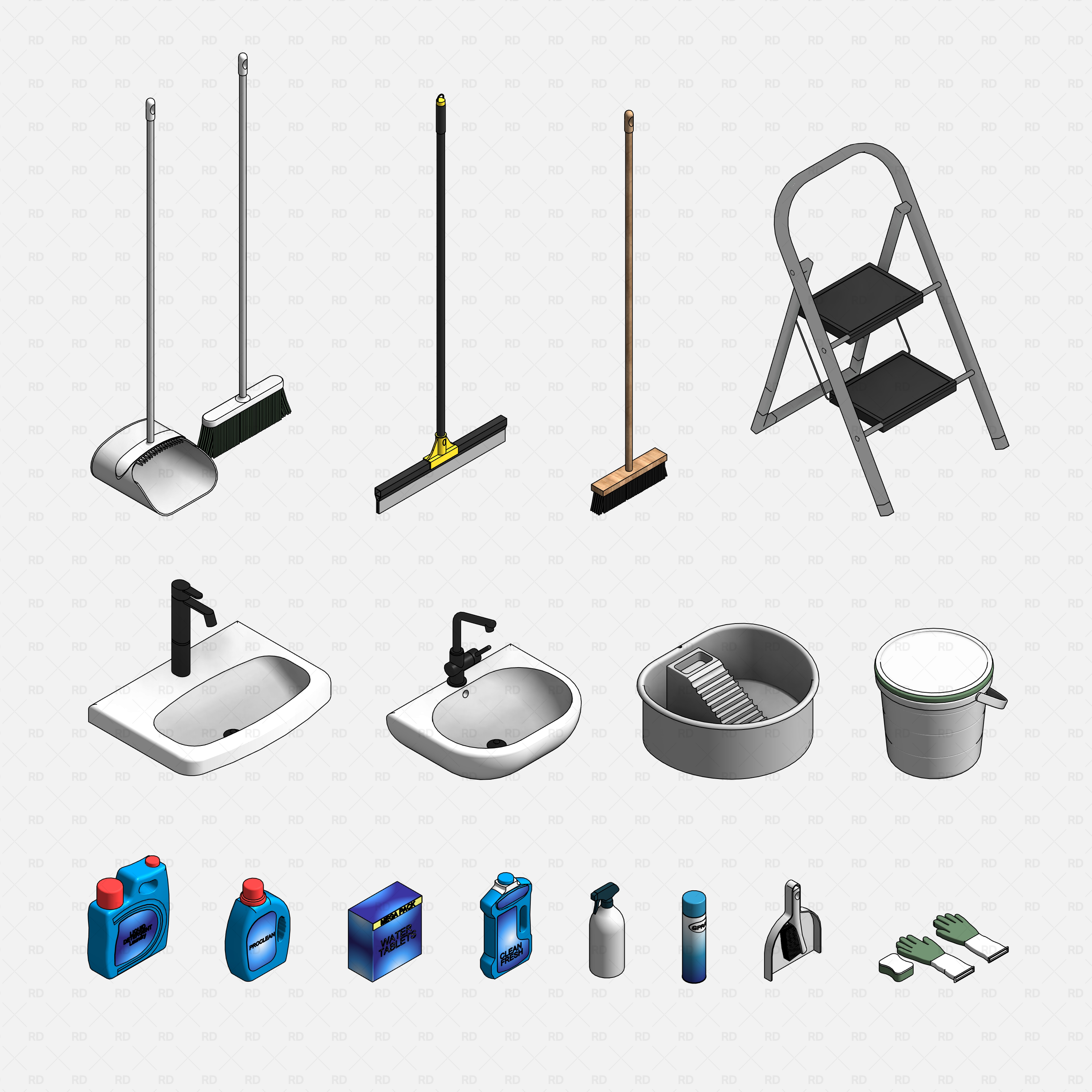 Revit Laundry Equipment RD Studio BIM Blocks RFA - Sinks Brooms Detergent Bottles Cleaning Tools Blocks Grid