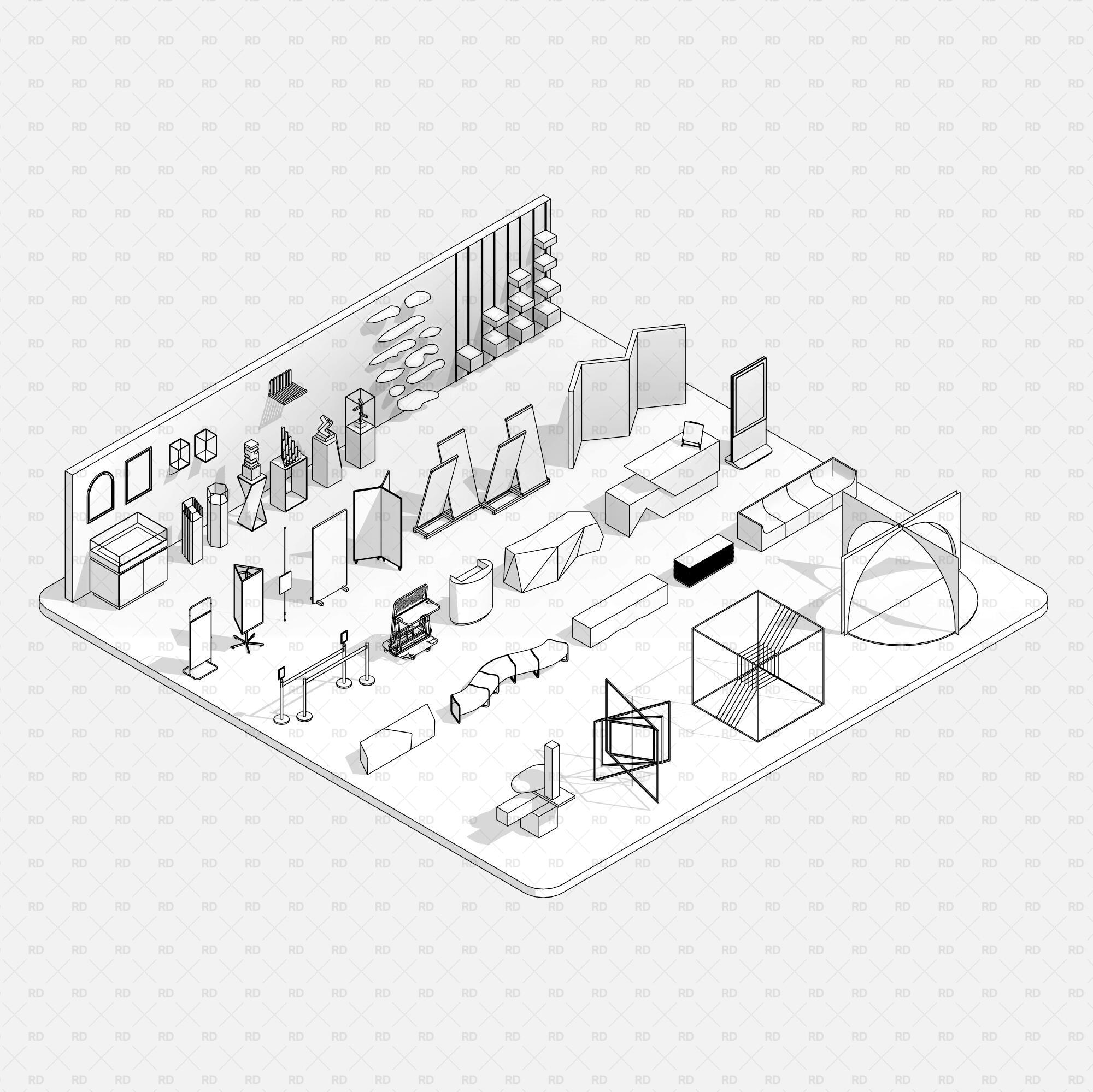 Revit Museum and Art Gallery exhibition Equipment furniture families blocks download bim object 3d model