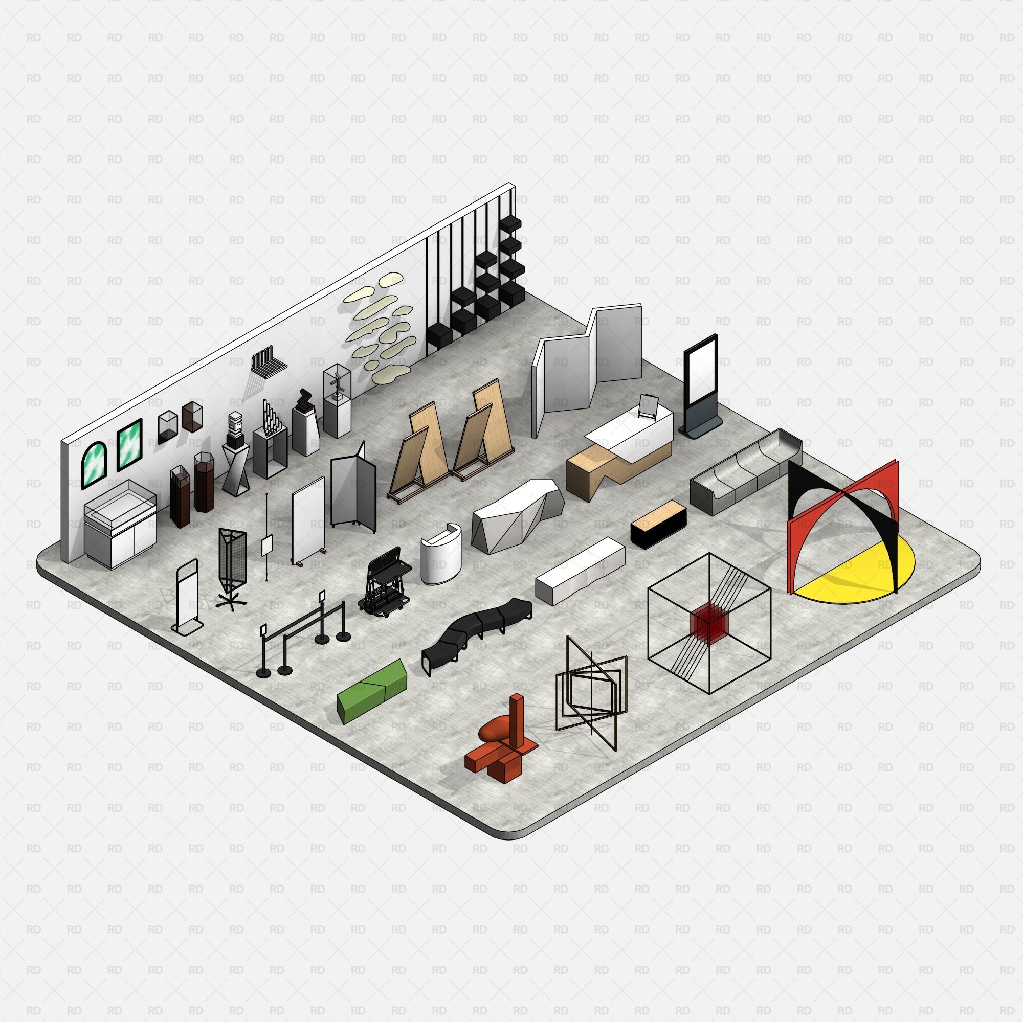 Revit Museum and Art Gallery exhibition Equipment furniture families blocks download bim object 3d model
