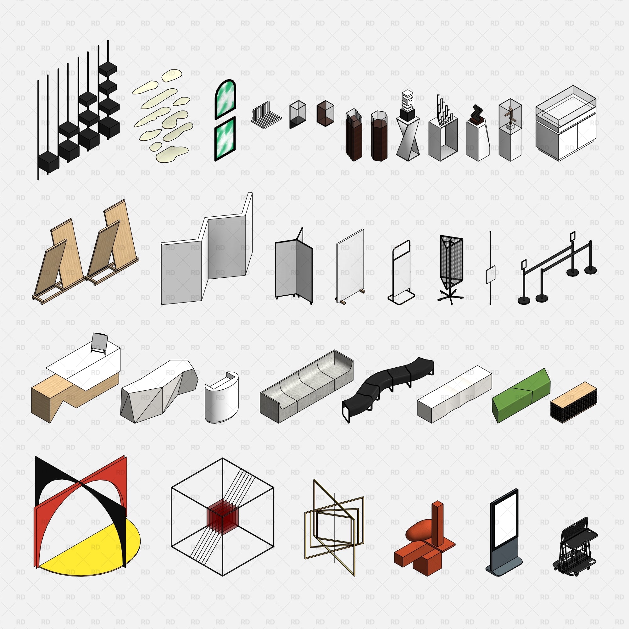 Revit Museum and Art Gallery exhibition Equipment furniture families blocks download bim object 3d model