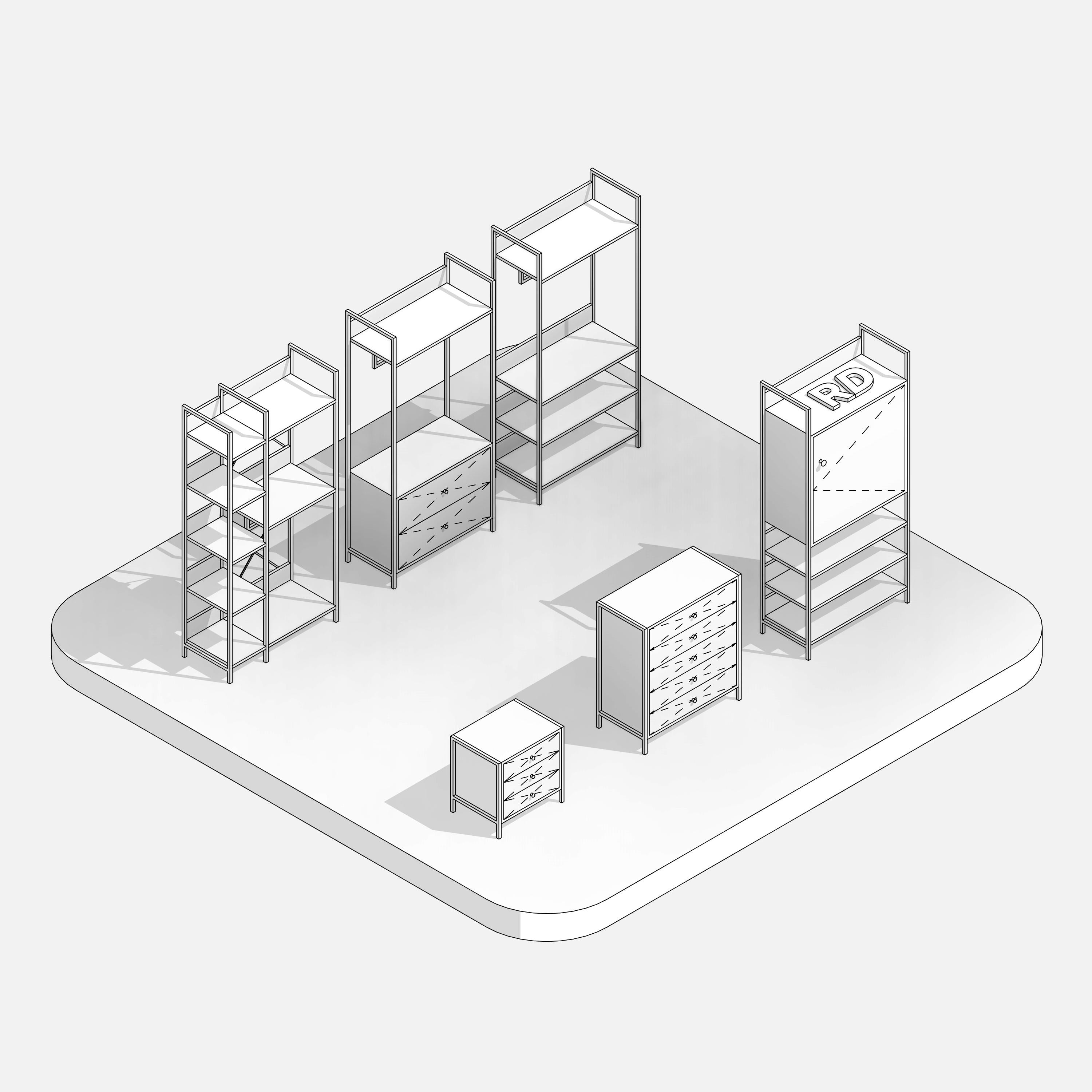 Open Wardrobe System 02 Collection Hidden Line Overview, RD Studio BIM Blocks (RFA)