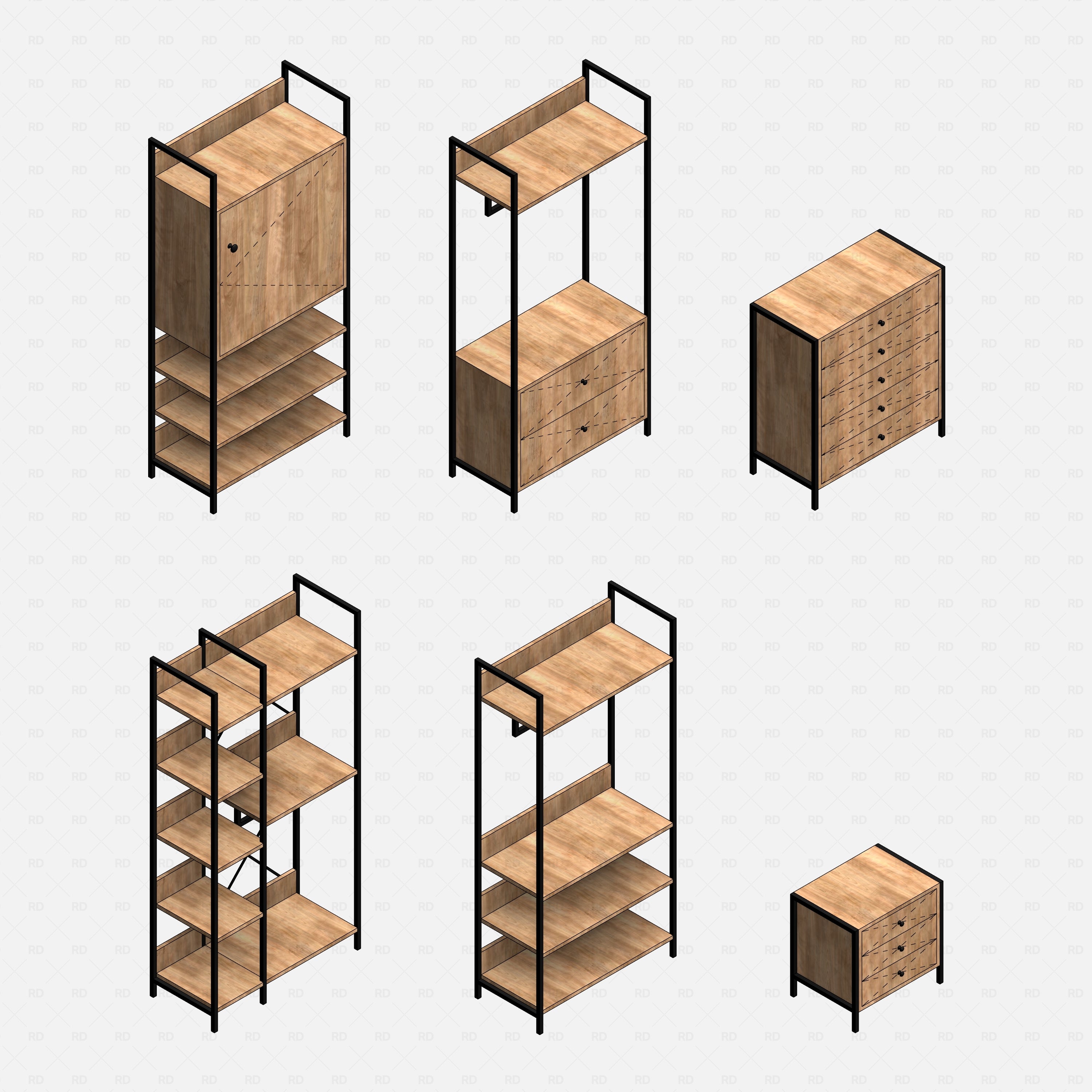 Open Wardrobe System 02 Components Grid Rendered Isometric, RD Studio BIM Blocks (RFA)