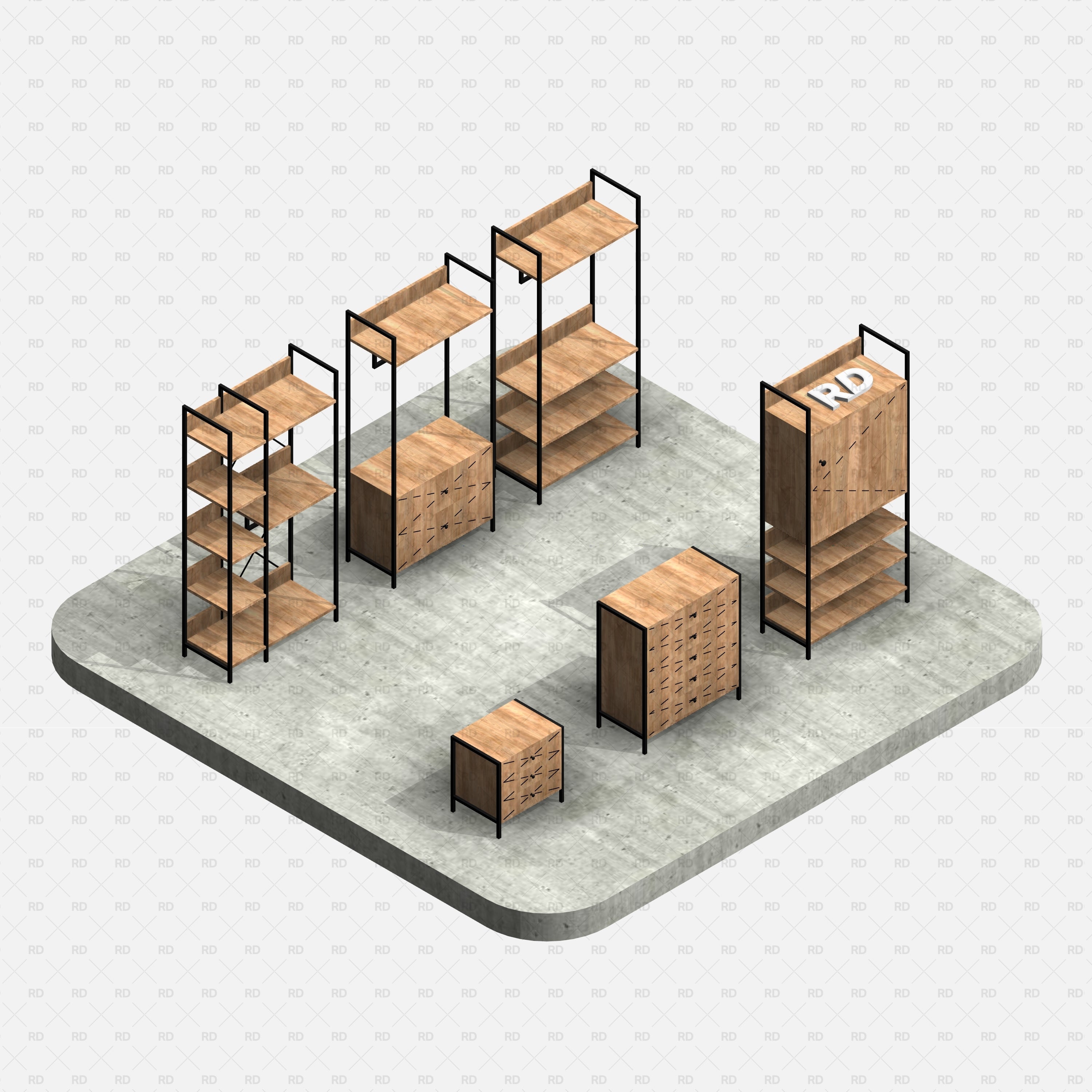 Open Wardrobe System 02 Collection Rendered Overview On Concrete Base, RD Studio BIM Blocks (RFA) no edges