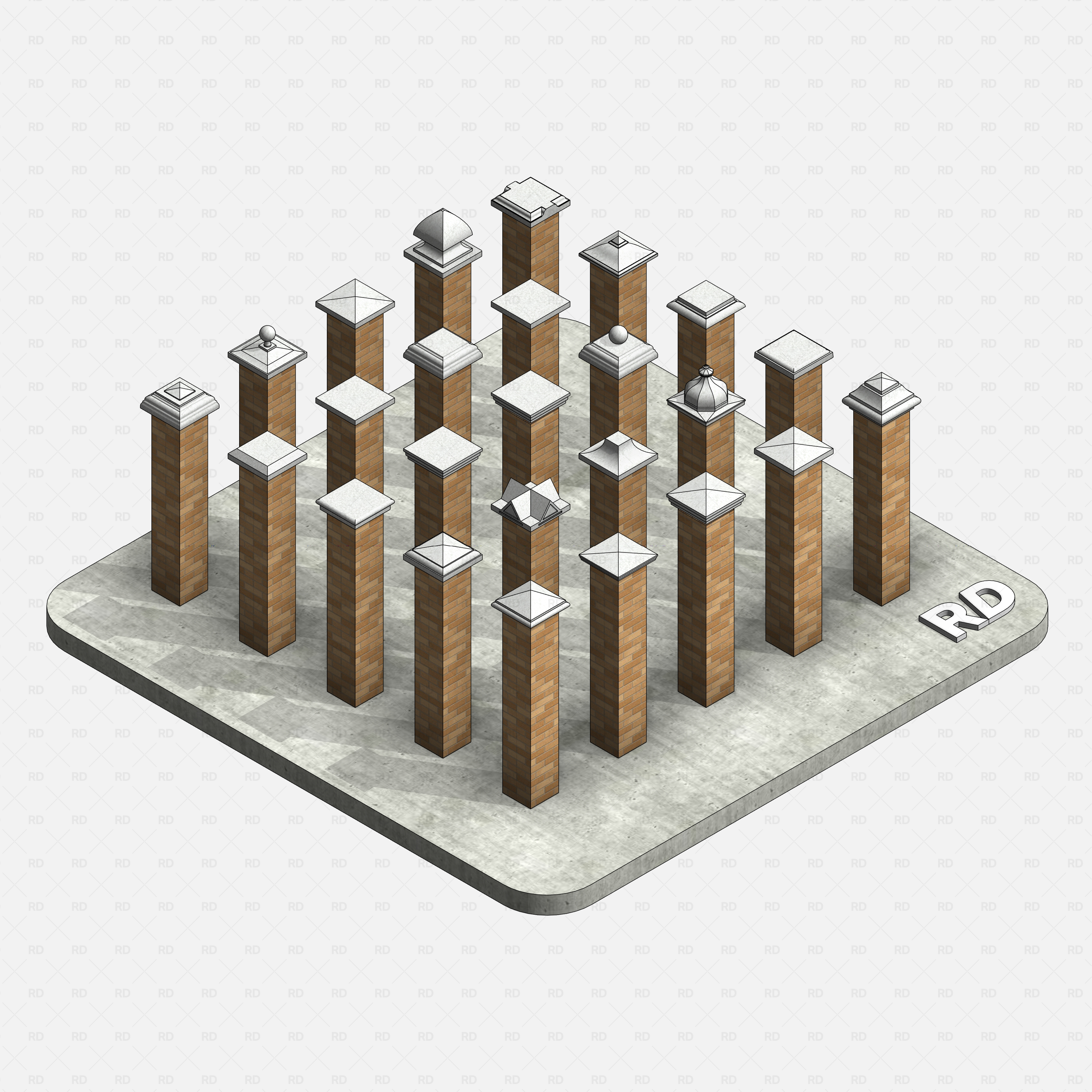 Revit Pier Caps RD Studio BIM Blocks RFA - Front Elevations Grid Illustrating 25 Distinct Pier Cap Profiles